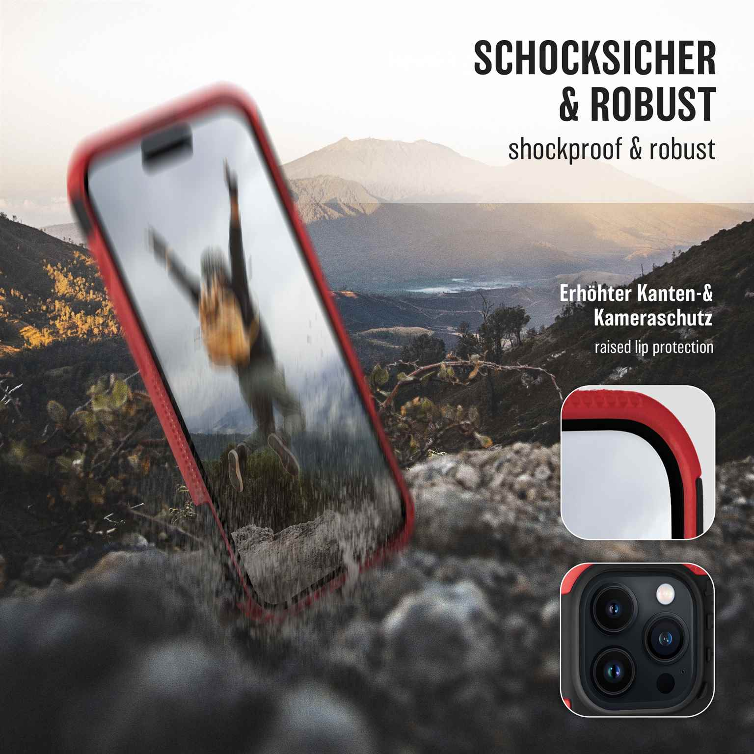 Handyhülle mit roten Akzenten. Text: Stoßfest & robust. Telefon fällt vor Berglandschaft.