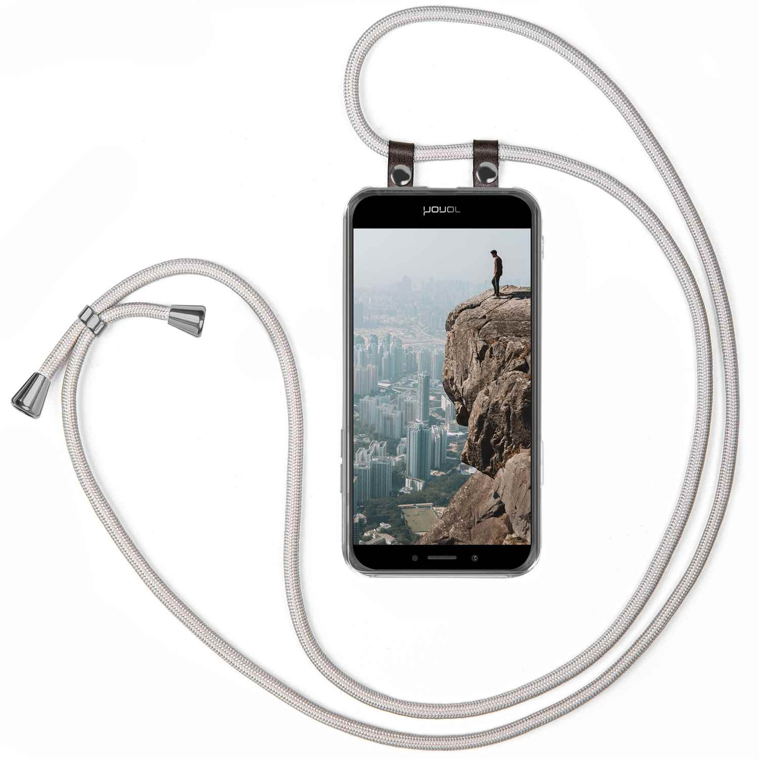 Telefon mit einem Mann auf einer Klippe. Eine graue Schnur ist befestigt. Weißer Hintergrund.
