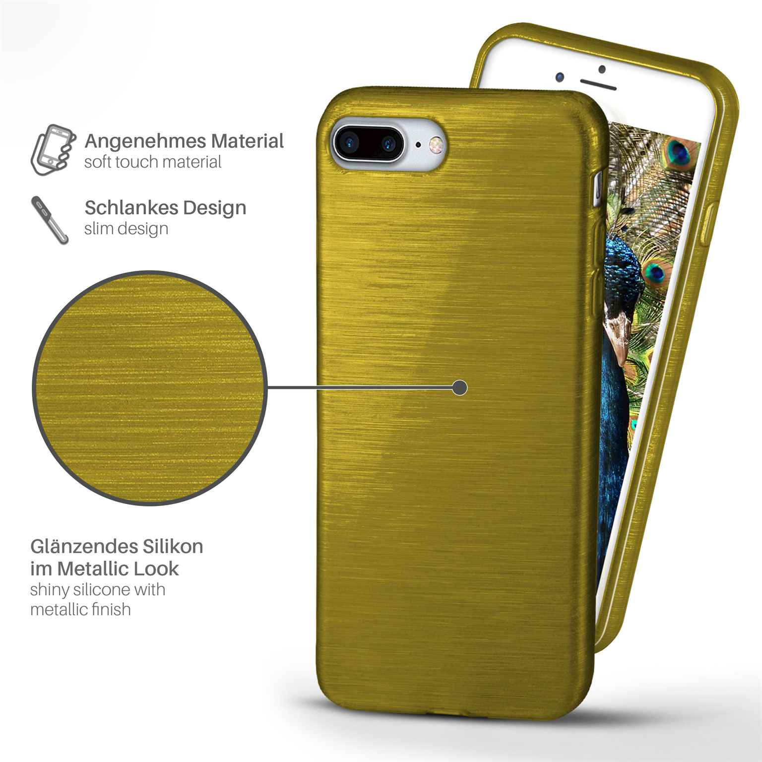 Eine goldene Handyhülle mit einem Telefon darin, mit einer detaillierten Nahaufnahme des Gehäusematerials.