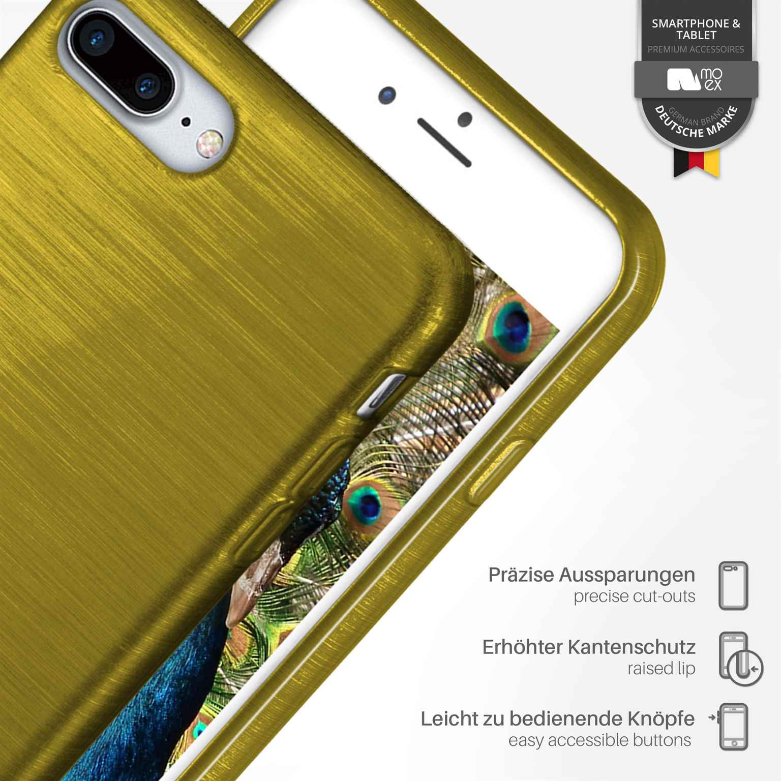 Goldene Handyhülle mit Pfauenfedern. Text: Präzise Ausschnitte, erhöhter Kantenschutz, leicht zu bedienende Knöpfe.