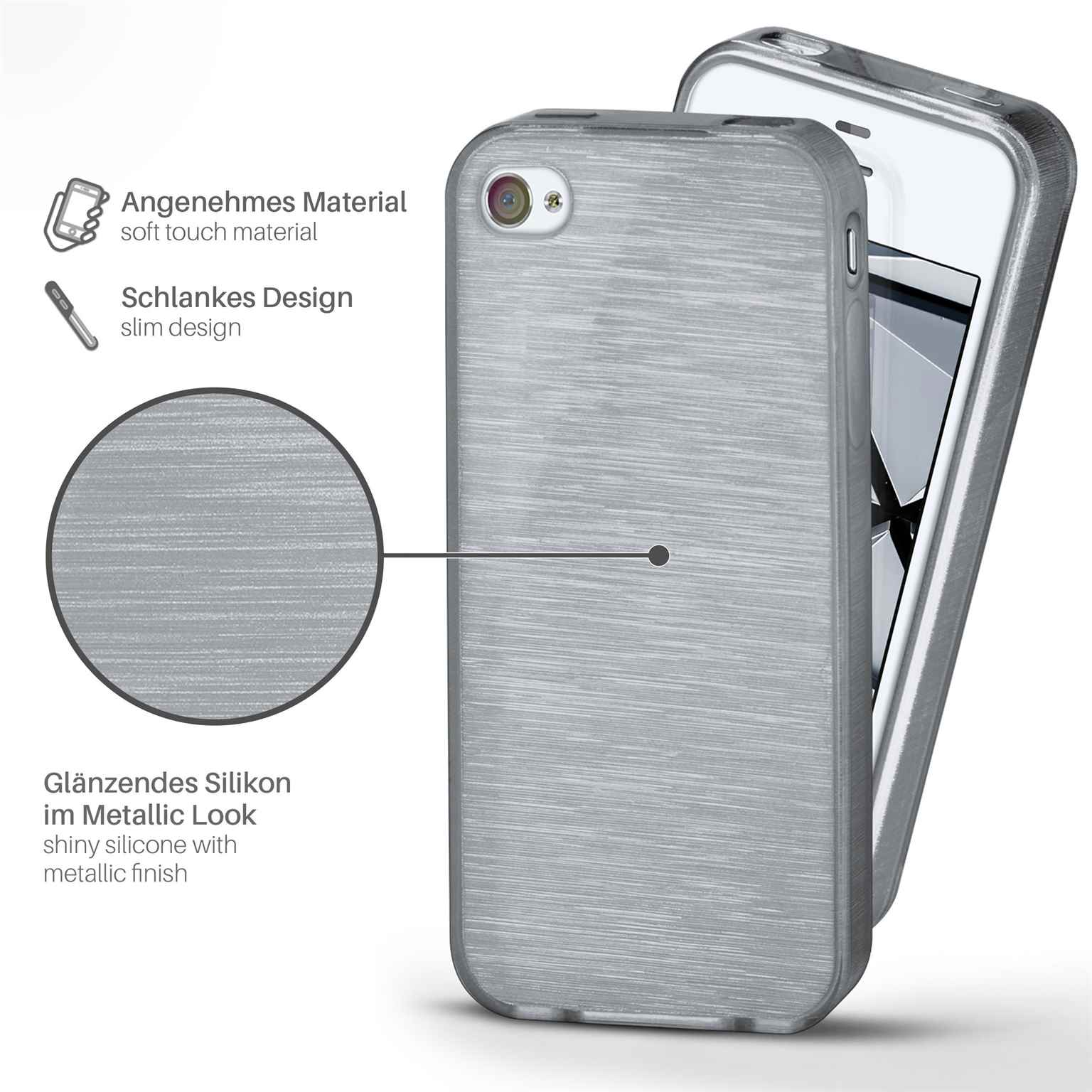 Silberne Handyhülle neben einem Telefon. Nahaufnahme der gebürsteten Metallstruktur. Text: Soft-Touch, schlankes Design.