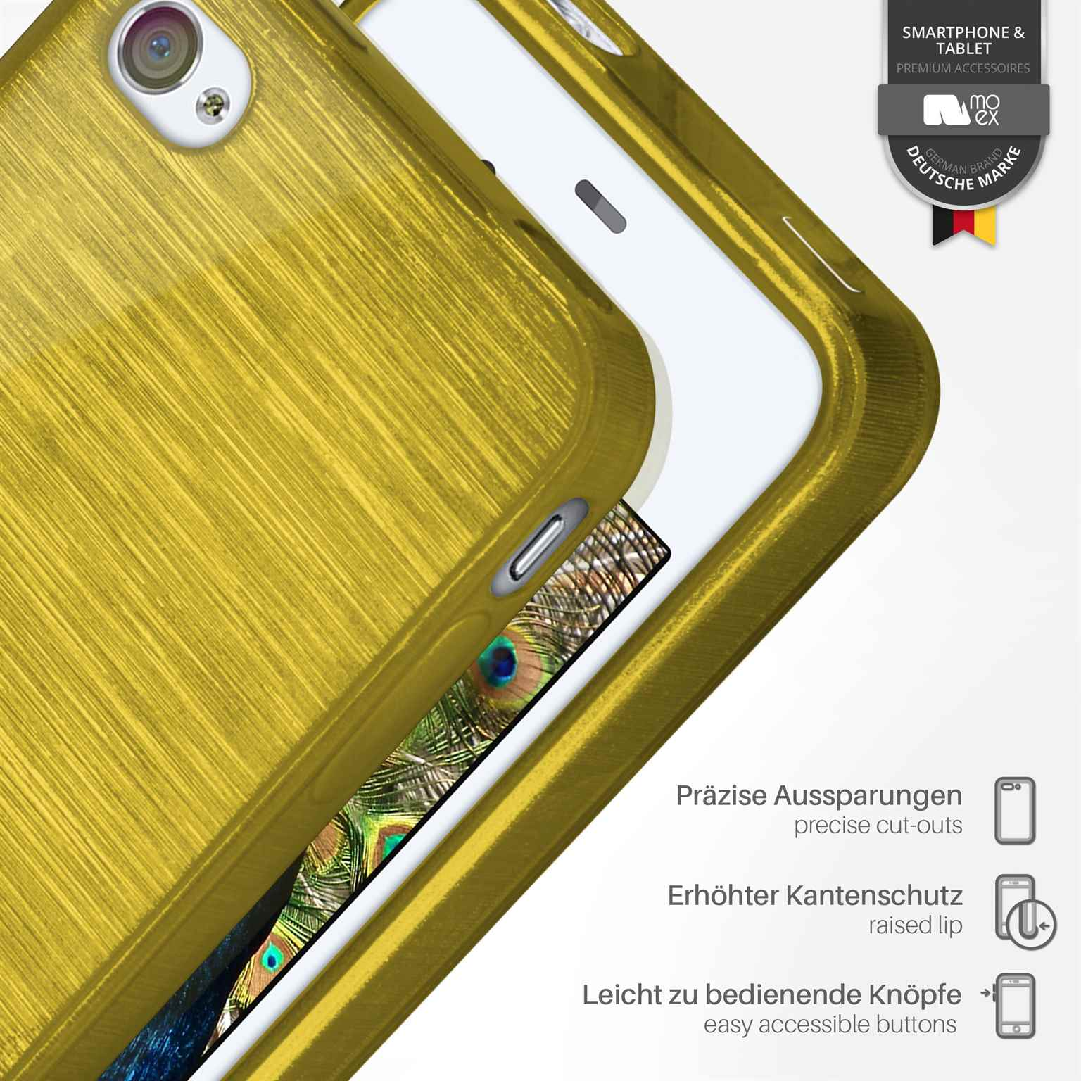 Goldene Handyhülle auf Weiß. Text: Präzise Aussparungen, erhöhter Kantenschutz, bedienbare Knöpfe.