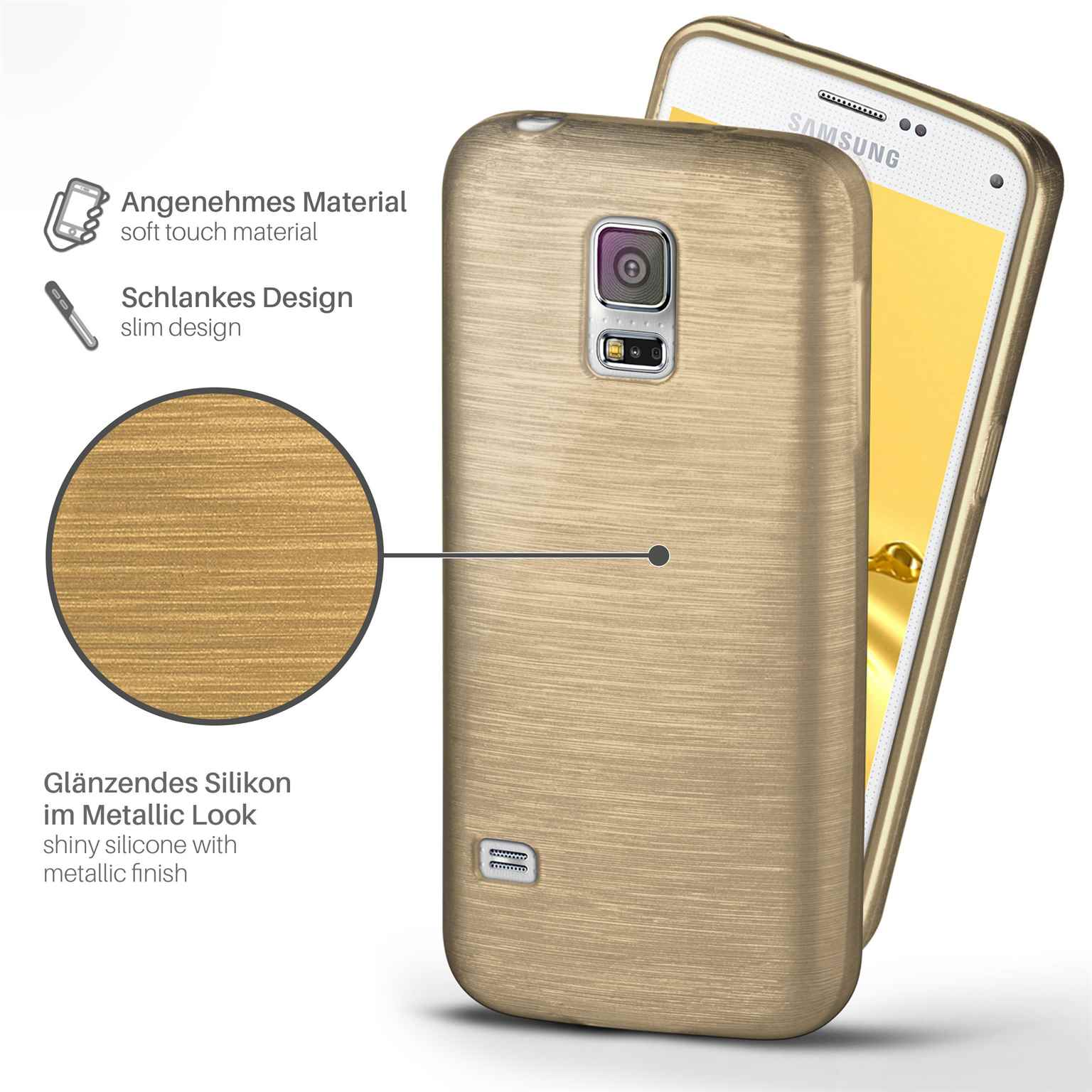 Goldene Handyhülle mit Telefon. Die Hülle sieht metallisch aus und zeigt Nahaufnahme.