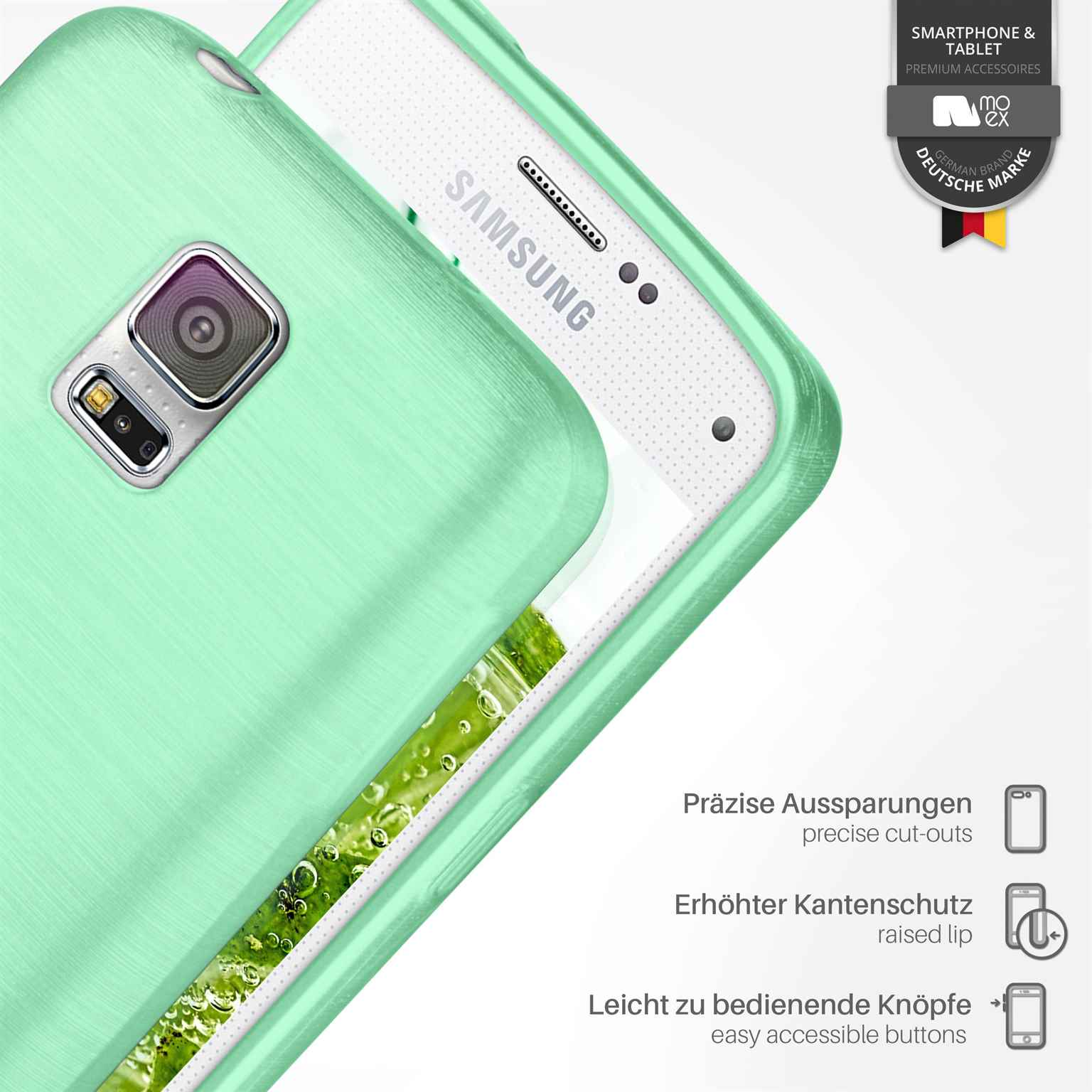 Gr üne Handyhülle mit Telefon darin. Text beschreibt präzise Aussparungen und erhöhten Kantenschutz.