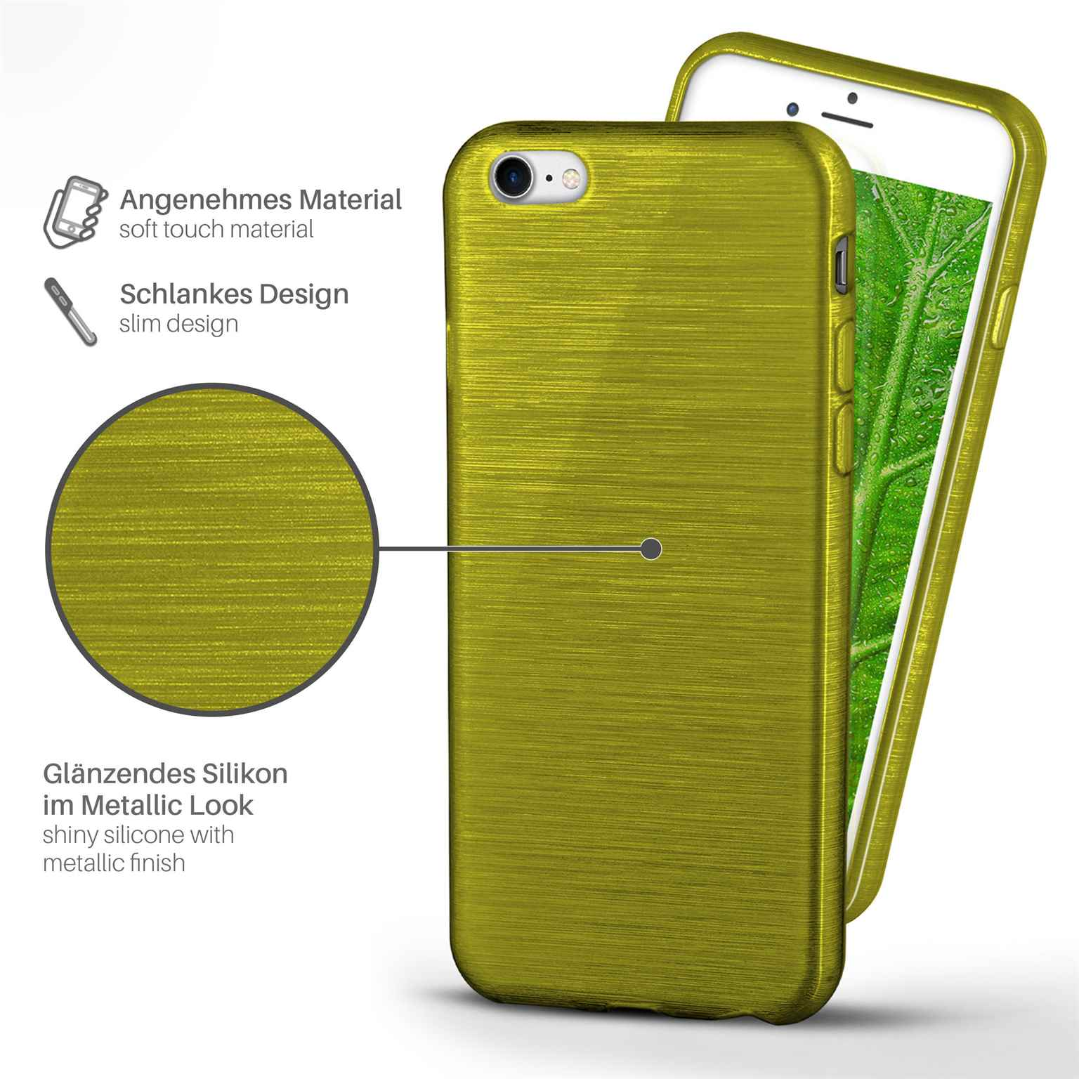 Grüne Handyhülle mit Metallic-Finish. Merkmale: Soft-Touch-Material und schlankes Design. Telefon sichtbar.