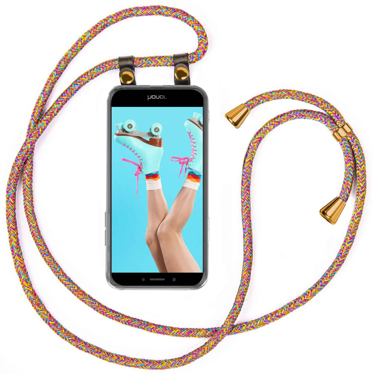 Telefon mit Rollschuhen. Mehrfarbiges Kabel. Weißer Hintergrund.