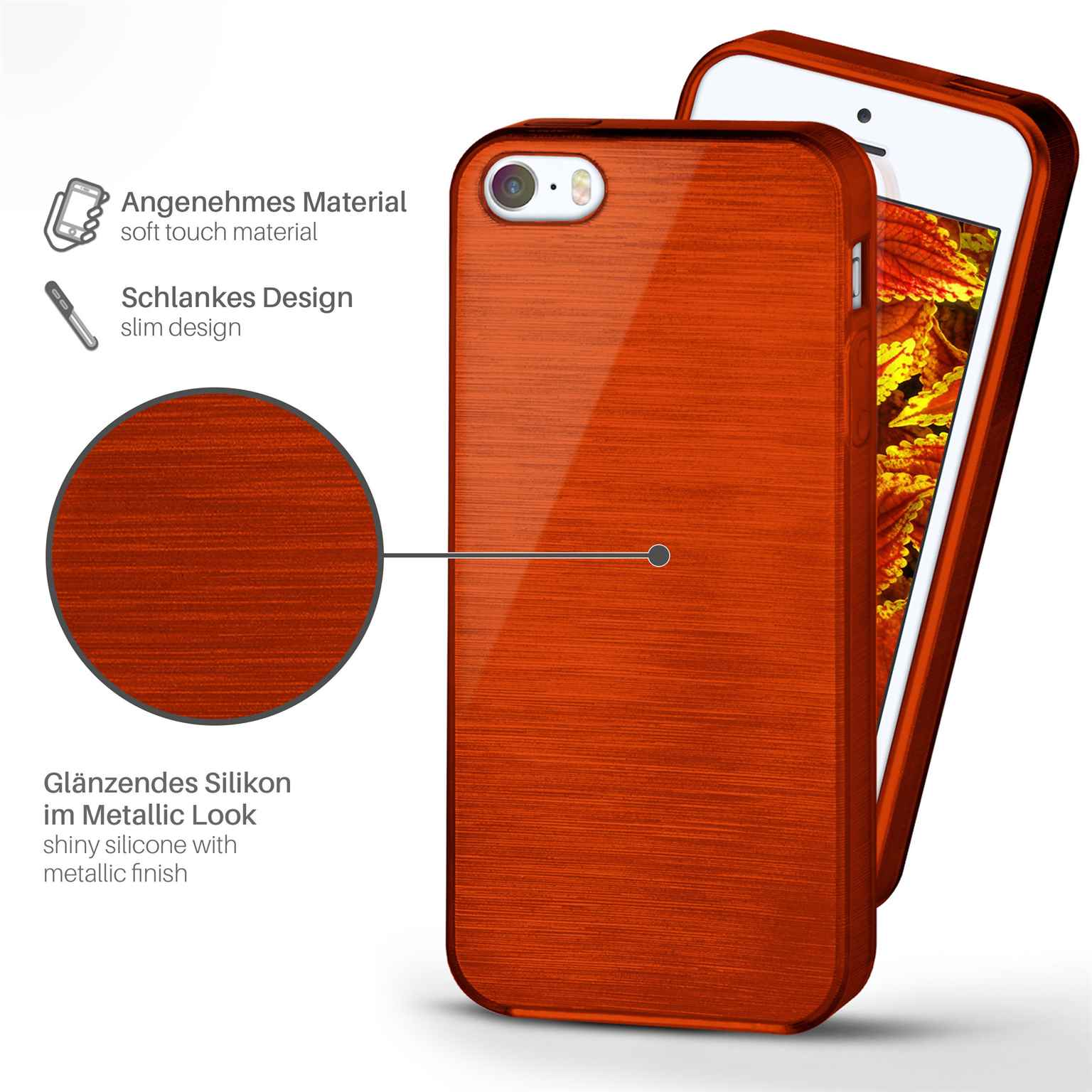 Orangene Holz-Handyhülle mit Telefon darin, mit Text, der die Hülle beschreibt.