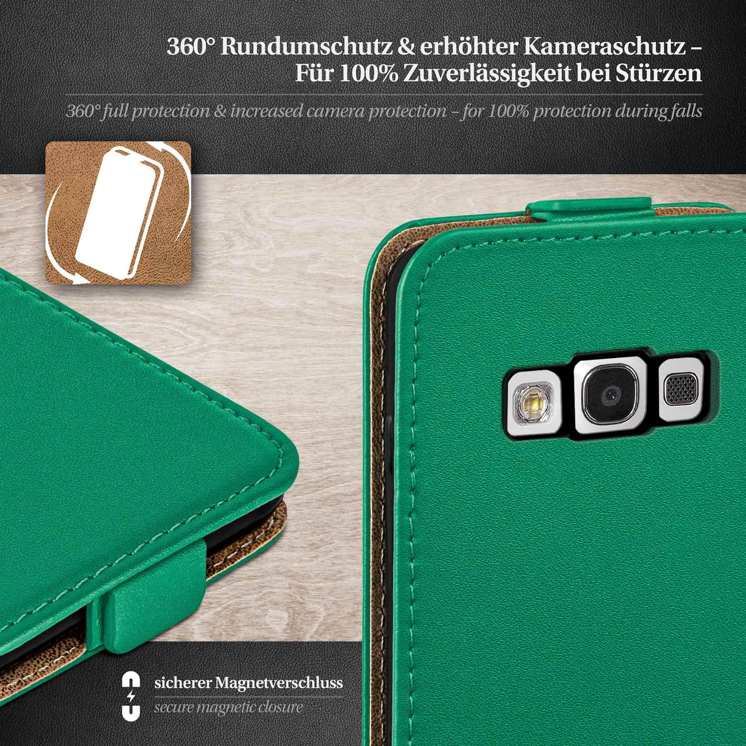 Grüne Handyhülle mit Magnetverschluss, schützt Kamera und Telefon. Text: '360° Schutz'.