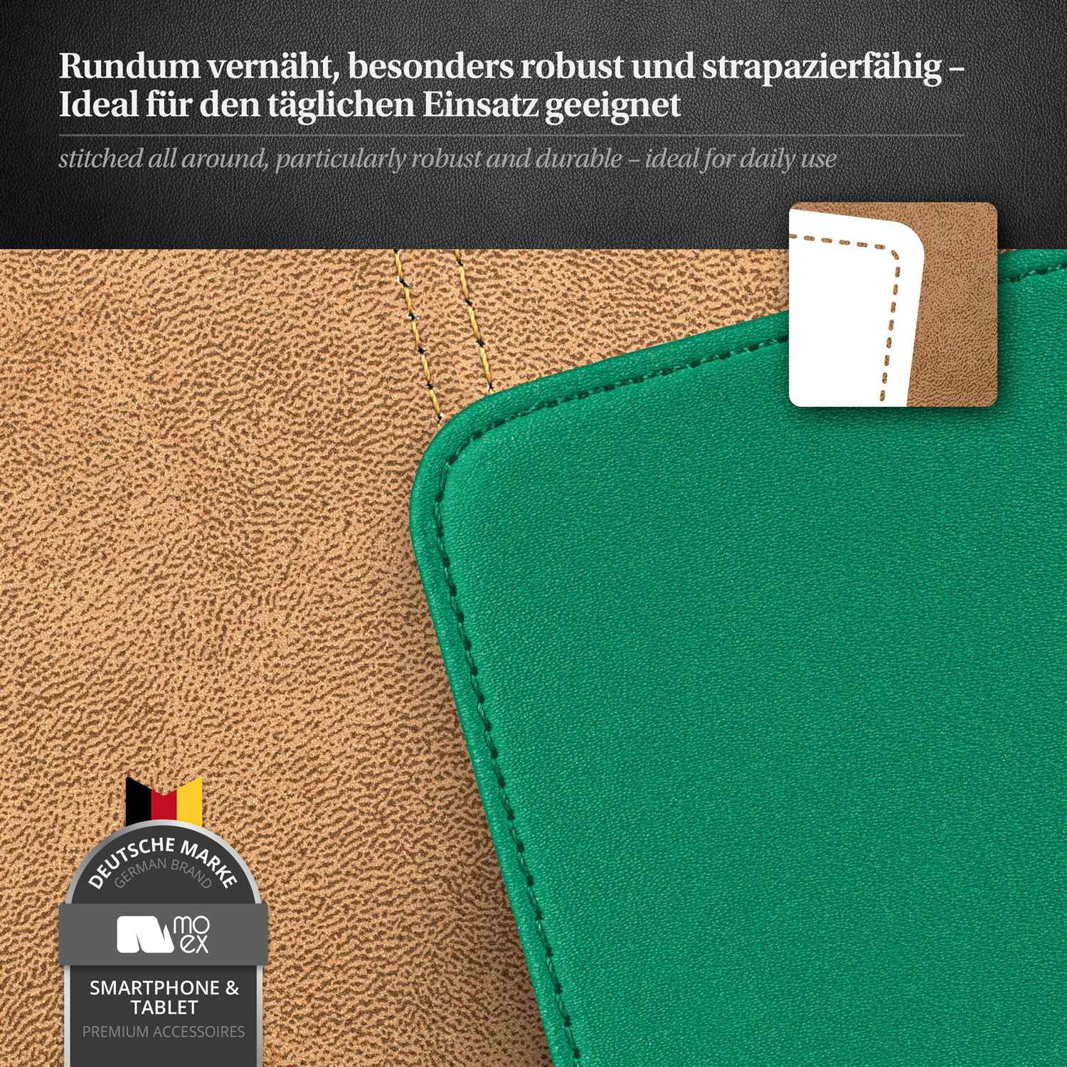 Nahaufnahme einer grün genähten Leder-Handyhülle. Ein