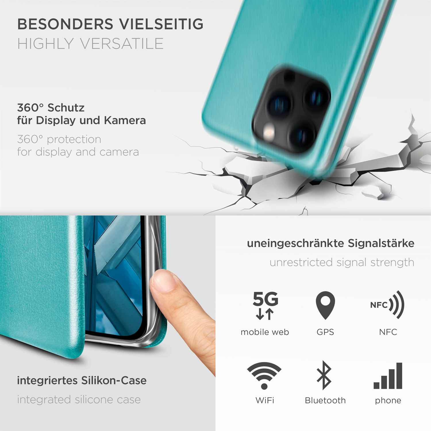 Handyhülle mit türkisfarbener Rückseite, zeigt 5G, GPS, NFC, WLAN, Bluetooth und Telefonsymbole.