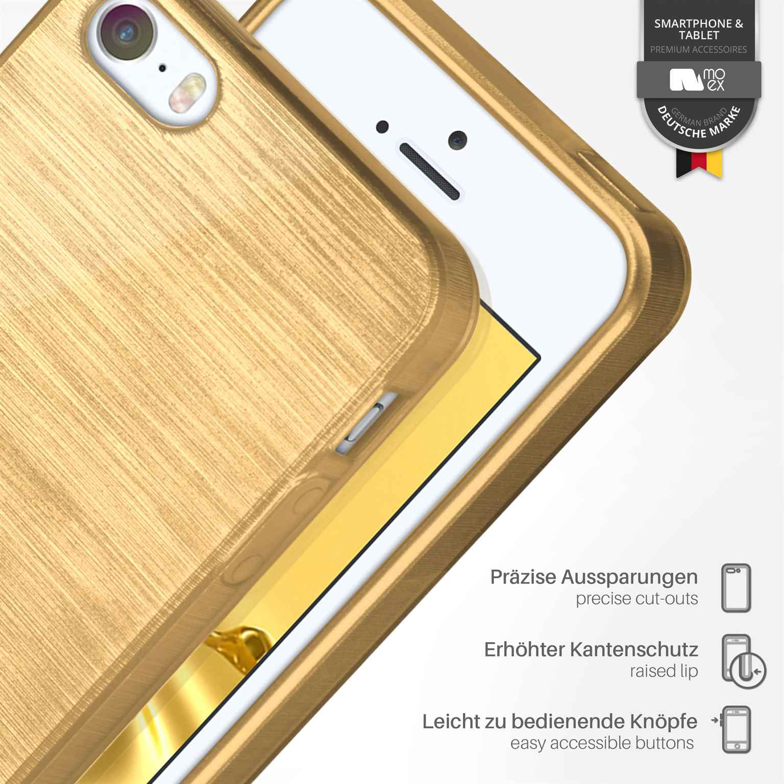Eine goldene Handyhülle mit präzisen Aussparungen und erhöhtem Rand. Text: leicht zugängliche Knöpfe.