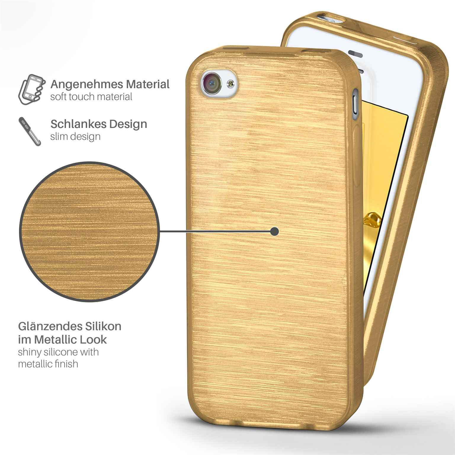 Goldfarbene Handyhülle mit Telefon, mit Text über weiches Material und Design.