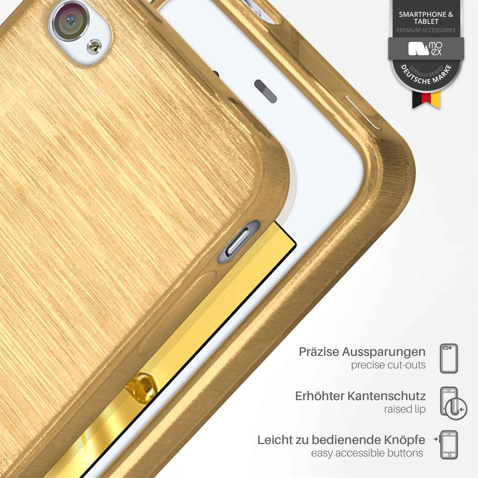 Eine goldene Handyhülle mit präzisen Aussparungen und erhöhtem Rand. Einfach zugängliche Tasten.