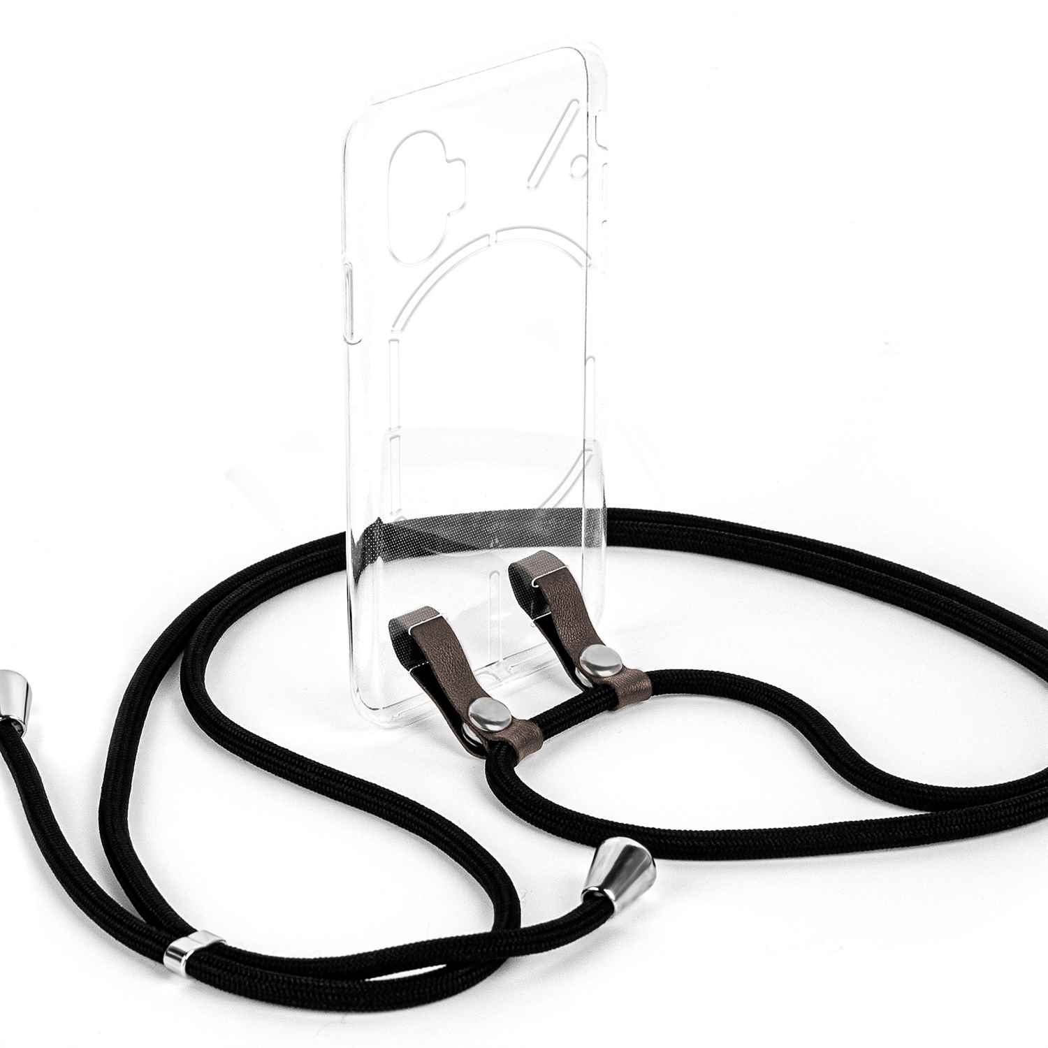 Eine transparente Handyhülle mit einem schwarzen Lanyard und silbernen Metallenden. Die Hülle ist leer.