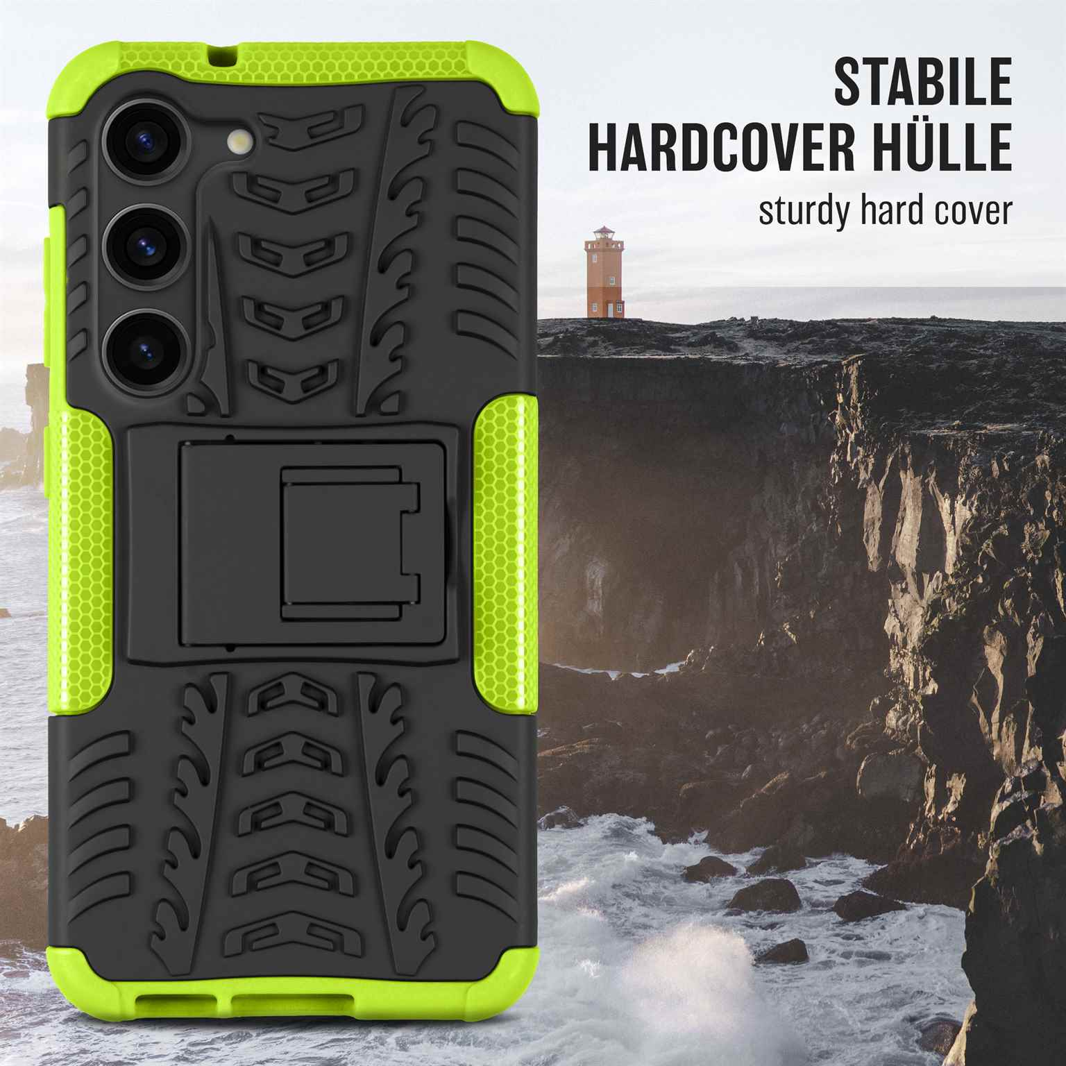 Schwarze und limettengrüne Handyhülle. Mit Ständer, auf Klippe mit Leuchtturm im Hintergrund.