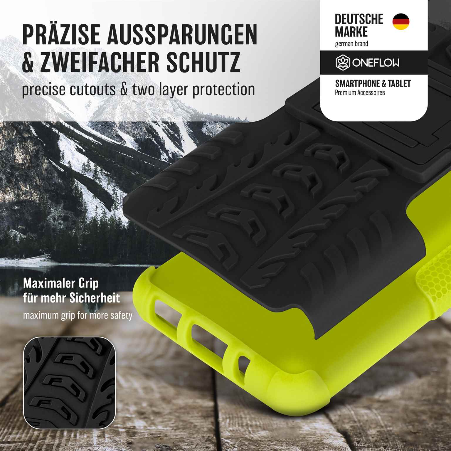 Handyhülle mit schwarzen und grünen Farben. Text: präzise Aussparungen und doppelter Schutz, maximaler Grip.