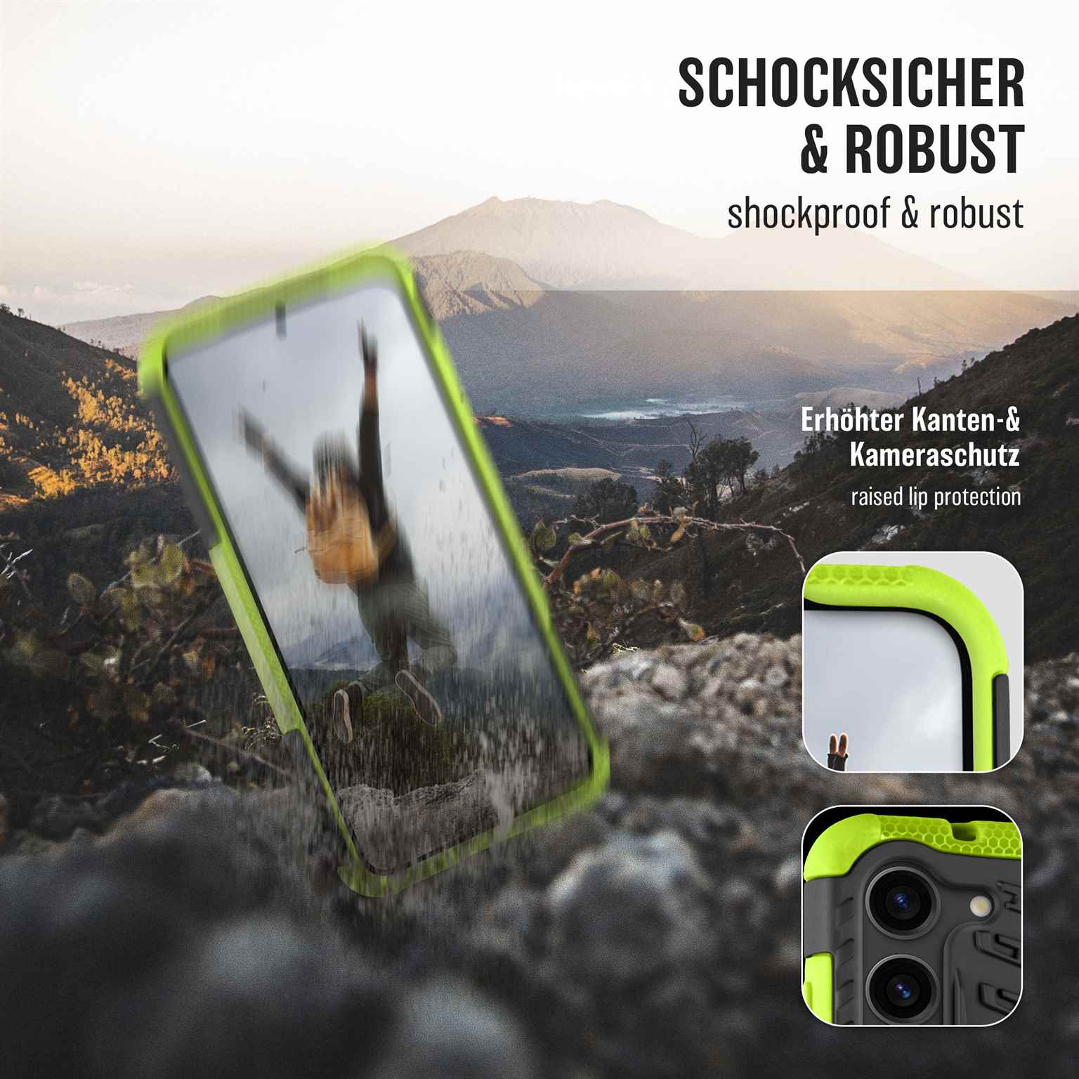 Ein Telefon in einem grünen Gehäuse, das eine springende Person zeigt. Text: stoßfest und robust.