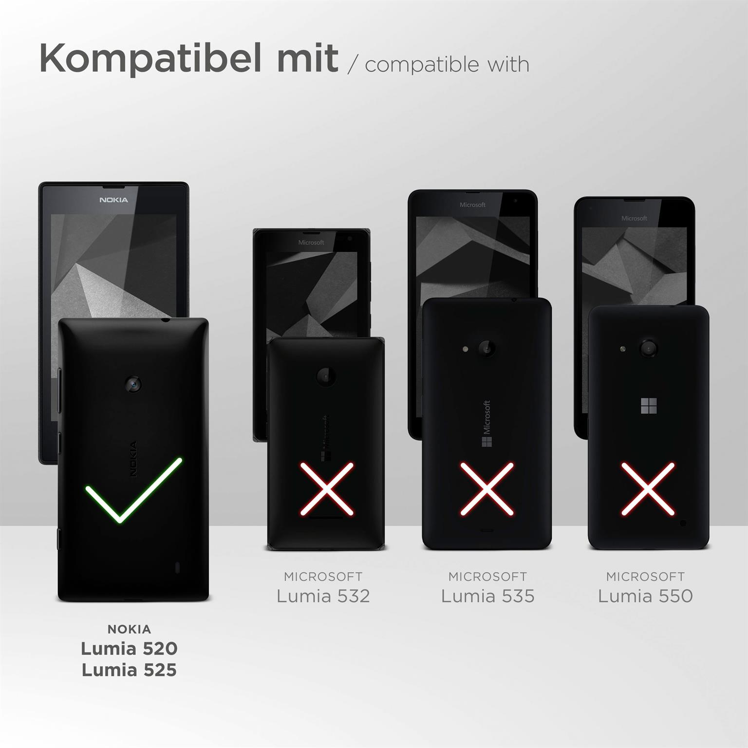 Bild zeigt Telefone, die mit Nokia Lumia 520/525 und Lumia 532/535/550 kompatibel sind.