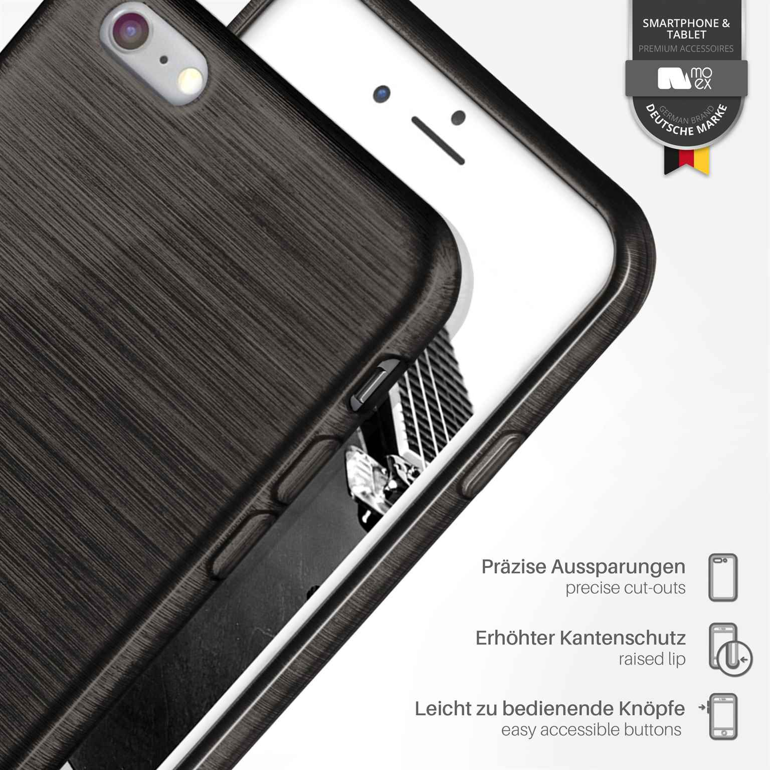 Schwarze Handyhülle mit dunklem Holzmaserungsmuster. Telefon ist drin. Es gibt einige Textetiketten.