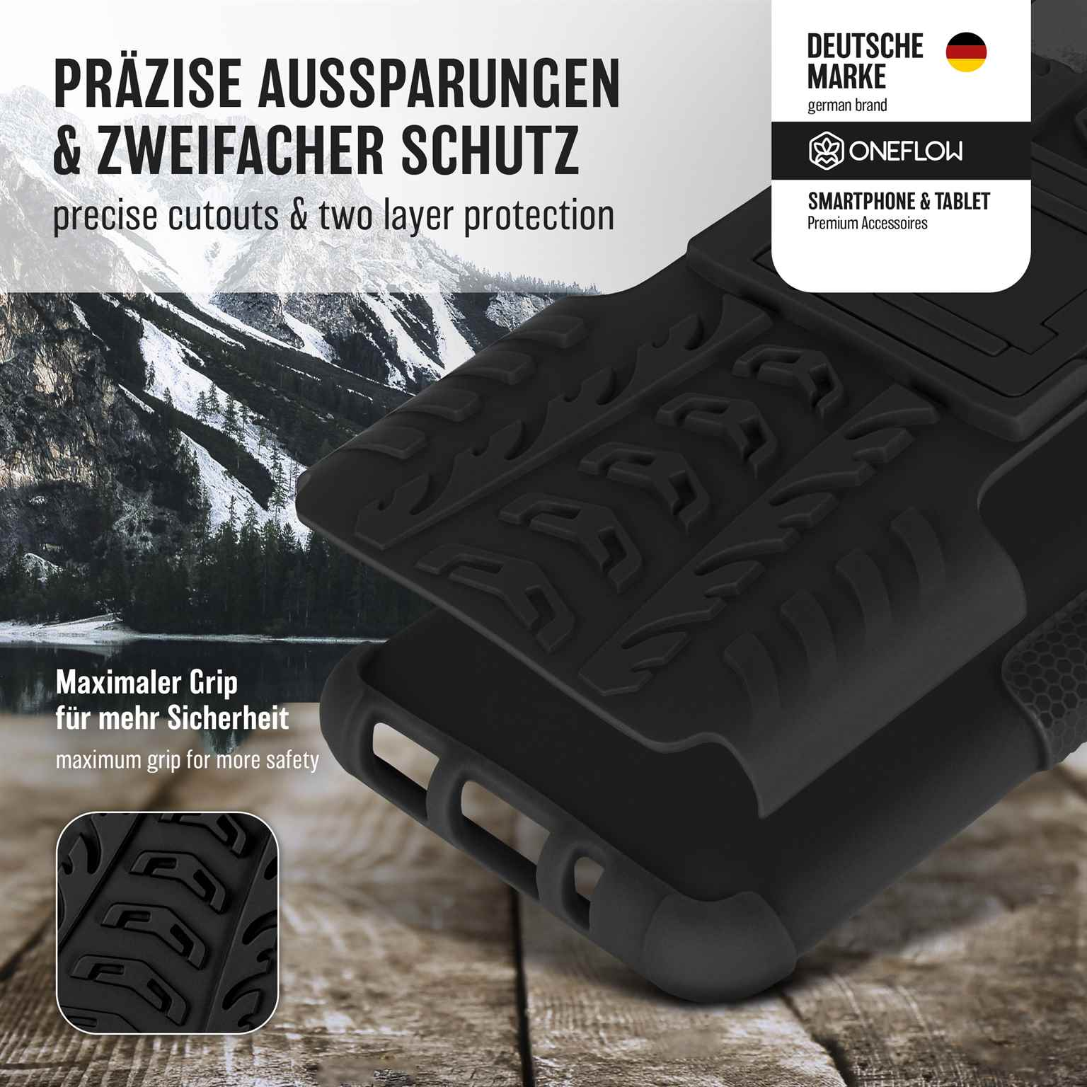 Schwarze Handyhülle mit robuster Textur. Text: 'präzise Aussparungen & zweifacher Schutz' und 'maximaler Grip'.