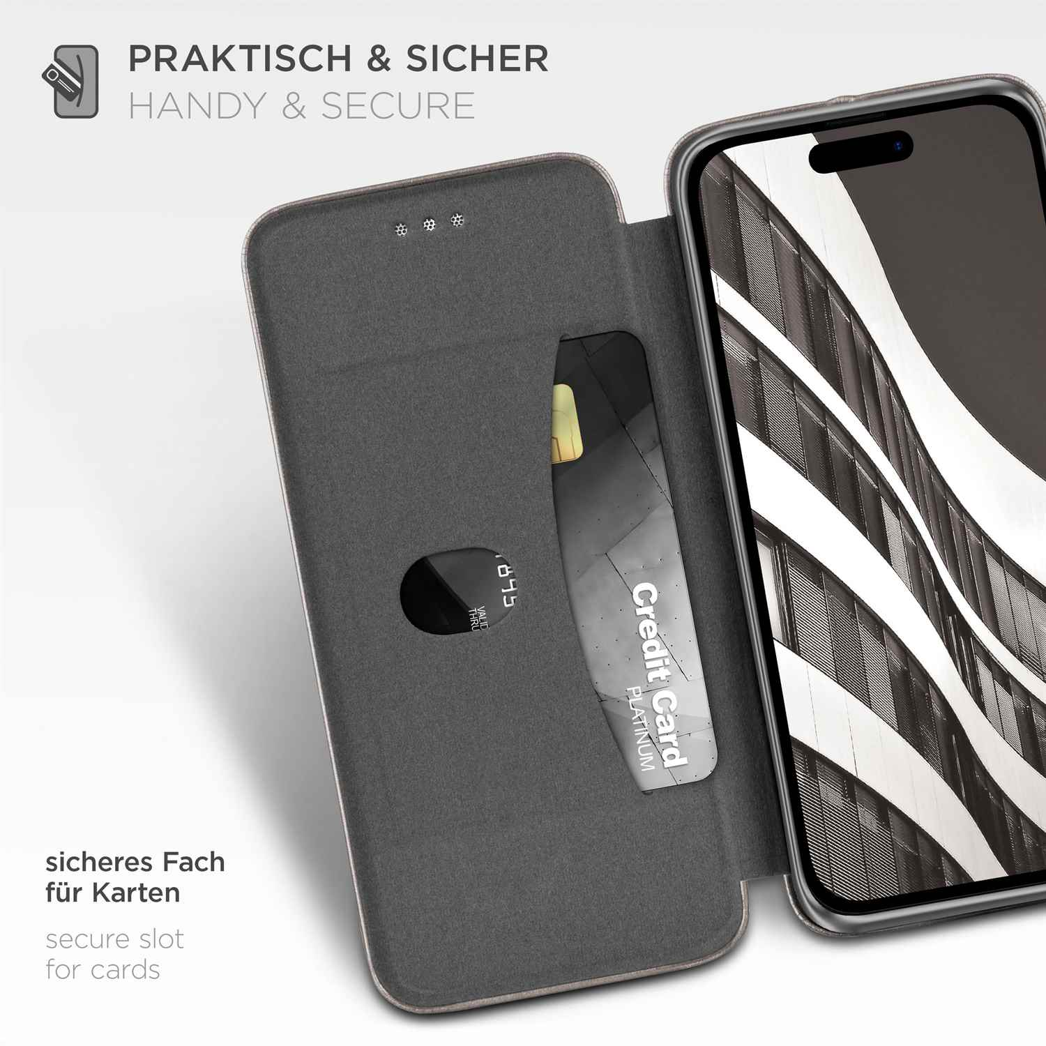 Geöffnete Smartphone-Hülle mit einer Kreditkarte im Steckplatz.