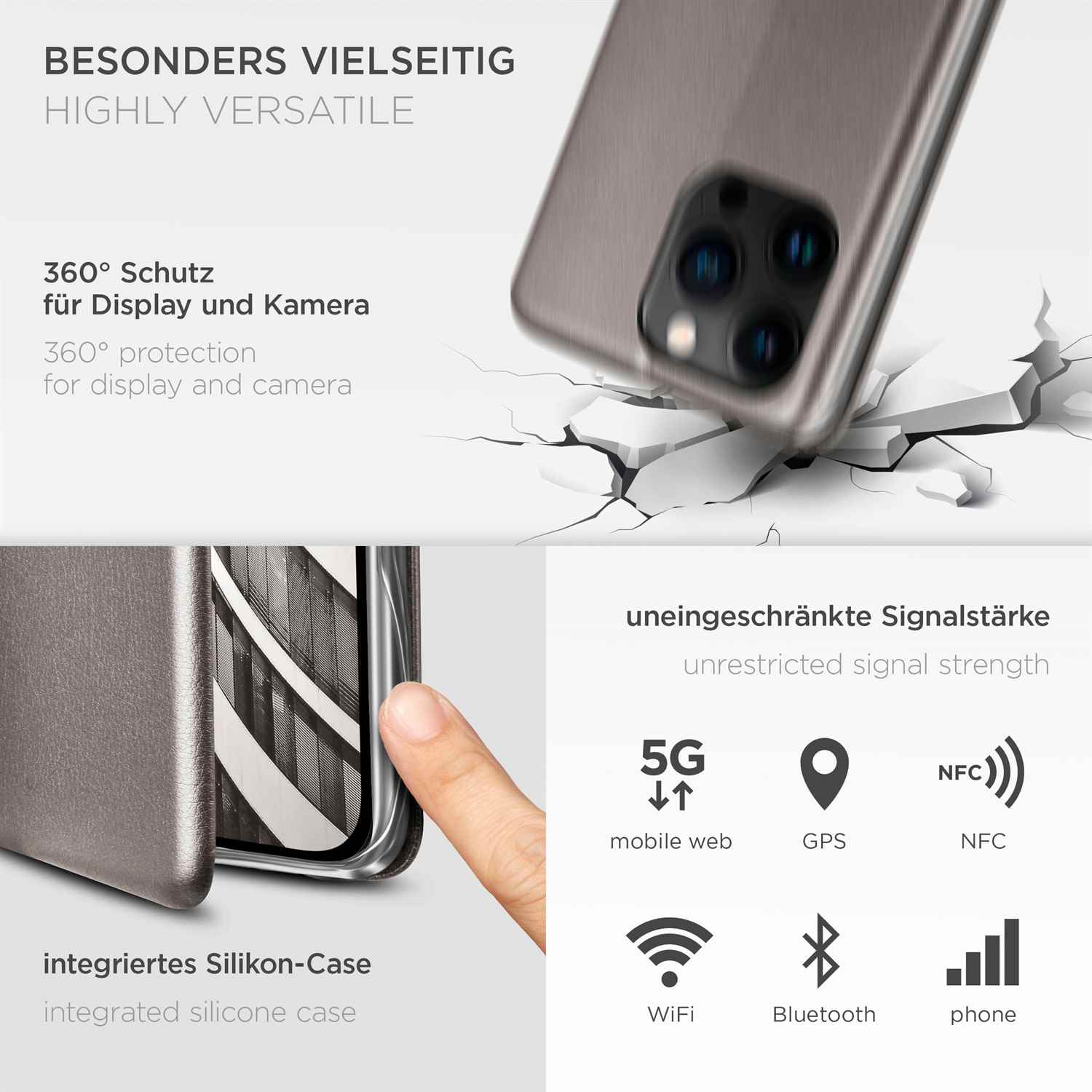Telefon in Hülle. Text und Symbole rechts. Das Telefon ist gerissen.