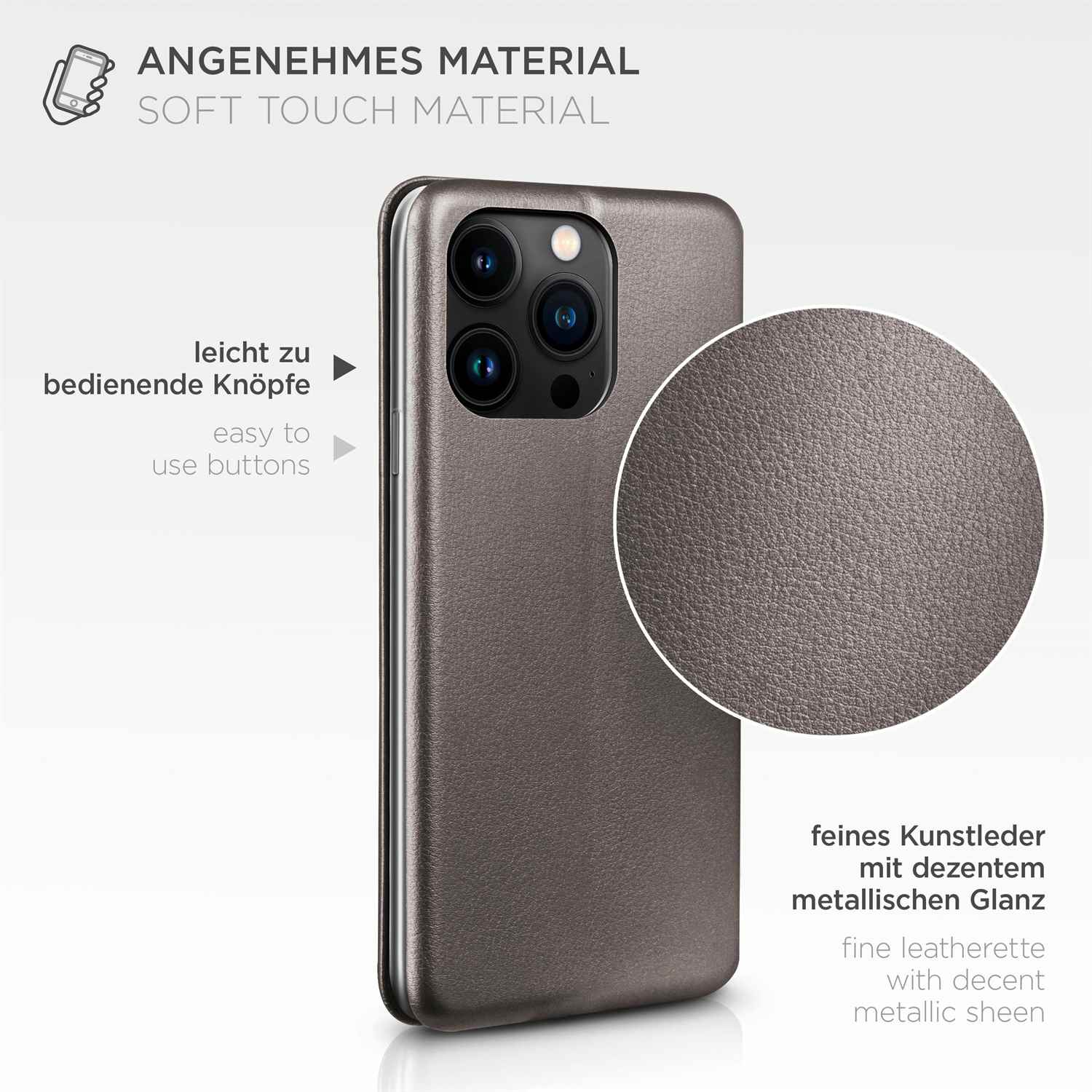 Handyhülle mit einfach zu bedienenden Knöpfen, Soft-Touch-Material und feinem Kunstleder mit metallischem Glanz.