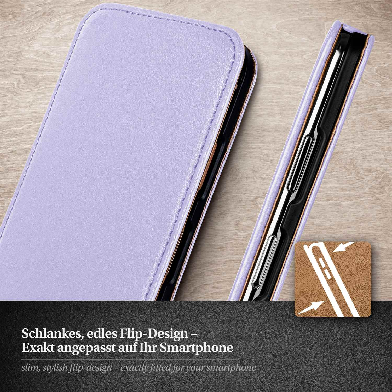 Lila Handyhülle, geöffnet mit Telefon, Diagramm und Text zum Design.