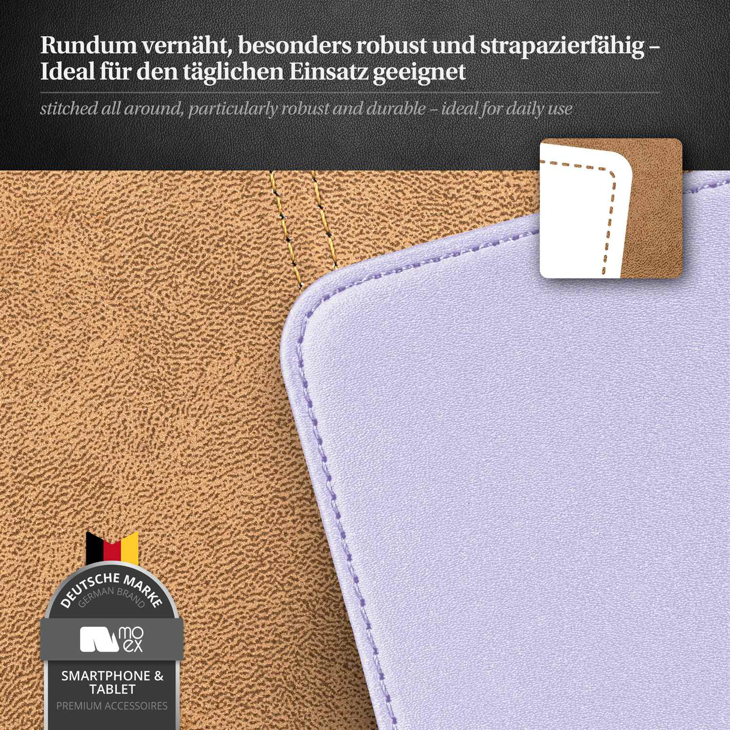 Nahaufnahme einer hellvioletten und braunen Handyhülle. Die Nähte und Details sind sichtbar.