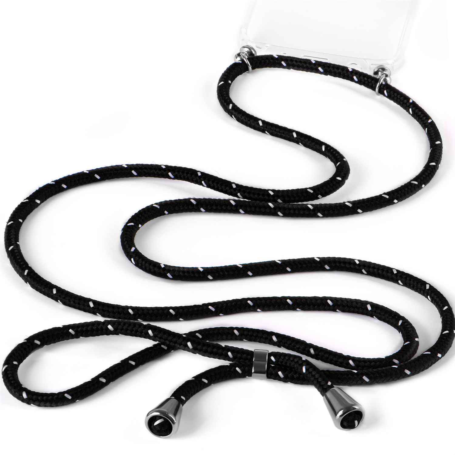 Schwarz-weißes Telefonkabel mit Metallspitzen. Das Kabel hat kleine weiße Punkte.