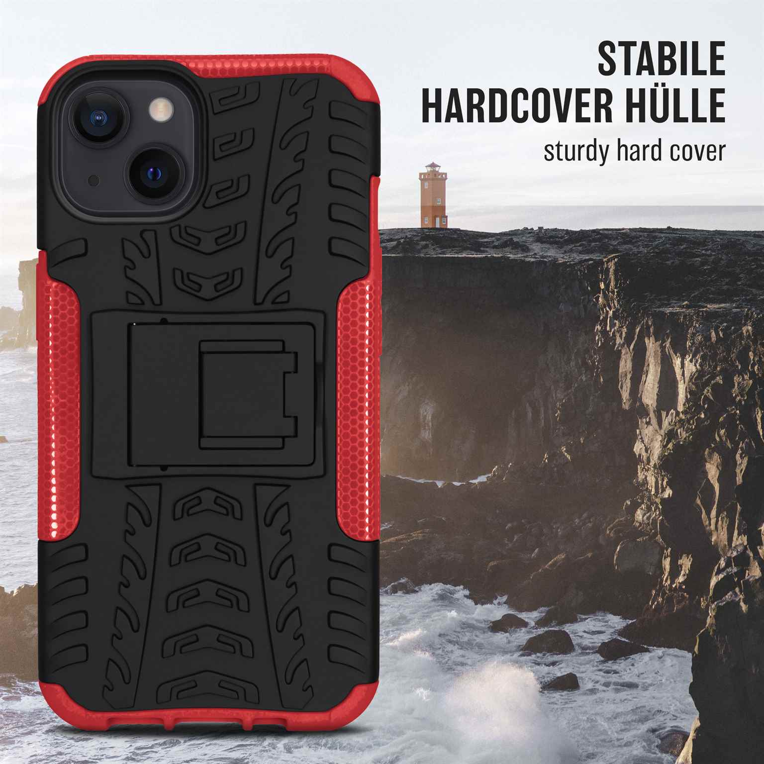 Schwarze und rote Handyhülle mit Ständer. Hintergrund ist eine Klippe und ein Ozean.