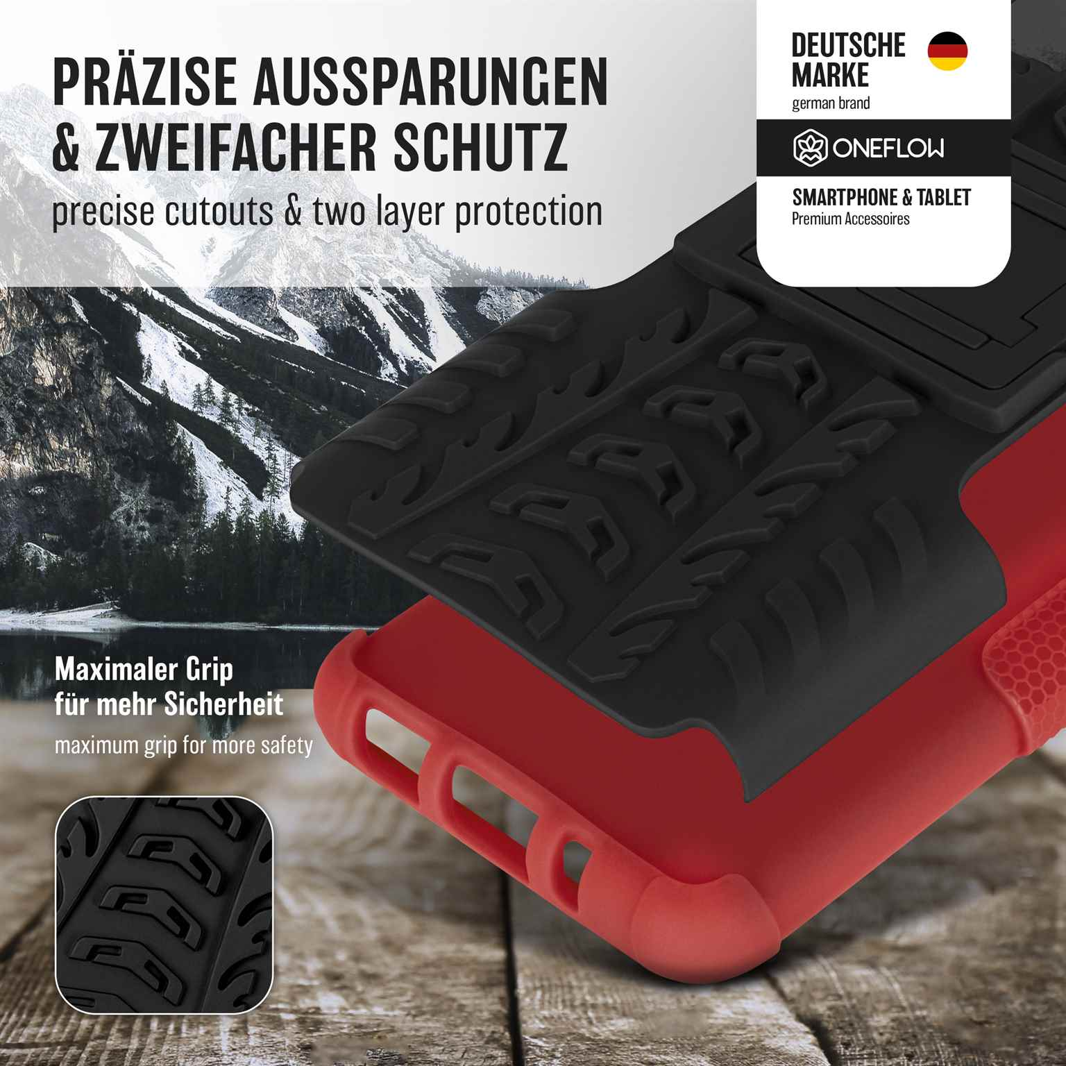Eine rot-schwarze Handyhülle mit dem Text Präzise Aussparungen & Zweifacher Schutz.