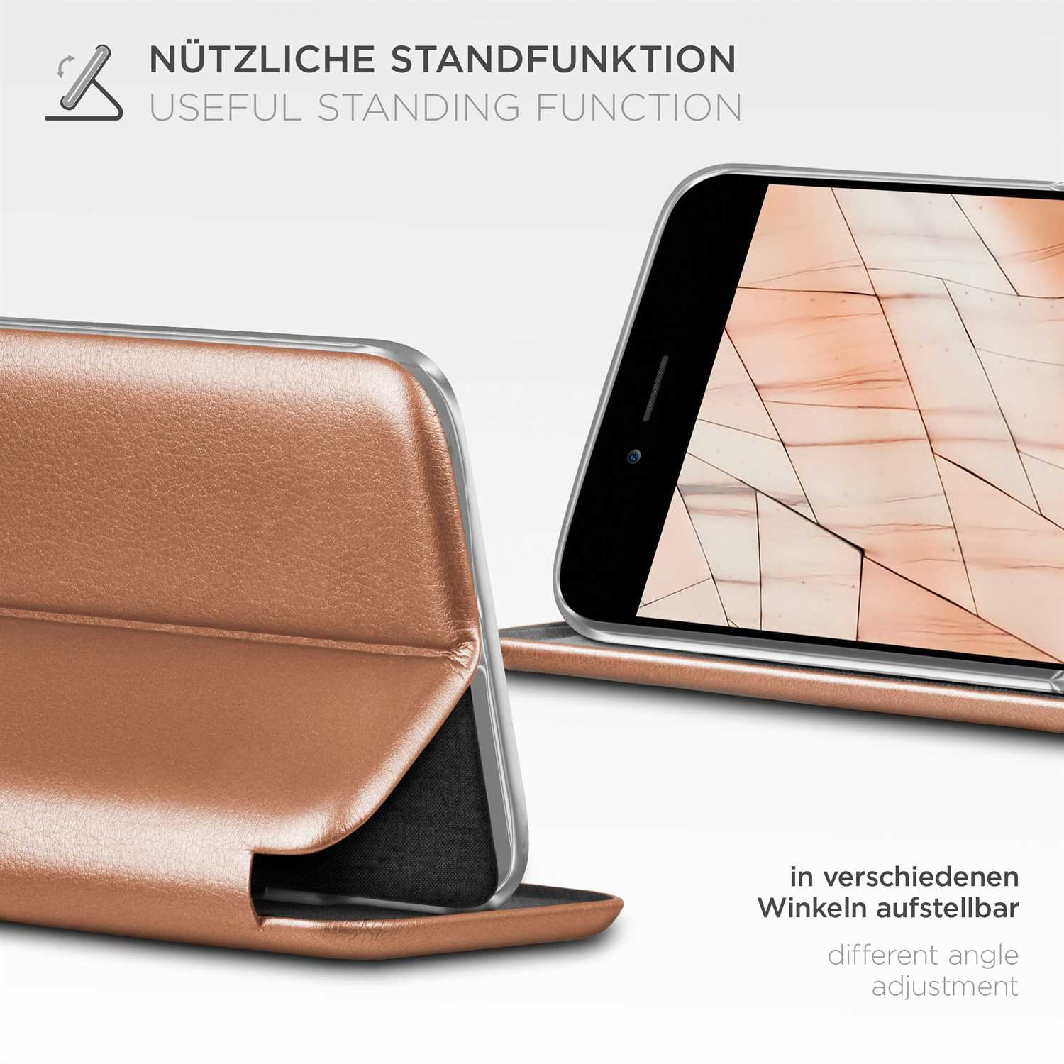 Handyhülle mit Standfunktion. Telefon kann in verschiedenen Winkeln platziert werden. Auf brauner Lederoberfläche.