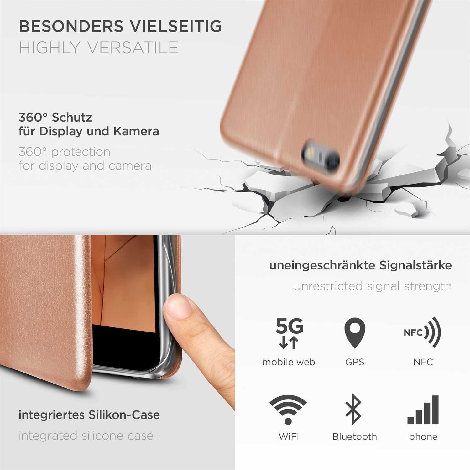 Roségoldene Handyhülle mit Telefon. 360° Schutz und integrierte Silikonhülle. Symbole für 5G, GPS, NFC.