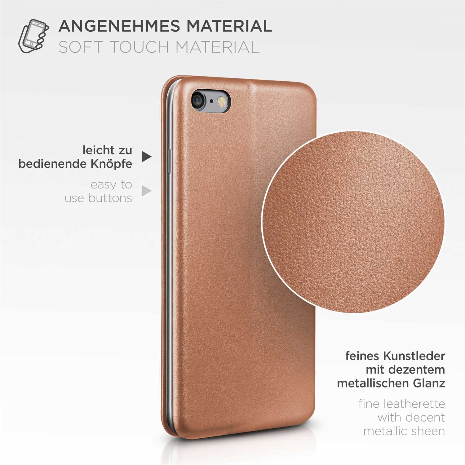 Eine kupferfarbene Handyhülle mit Nahaufnahme der Textur und Knöpfe.
