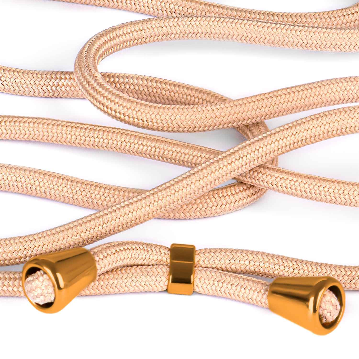 Beiges Telefonkabel mit goldenen Enden und einer goldenen Schnalle auf weißem Hintergrund.
