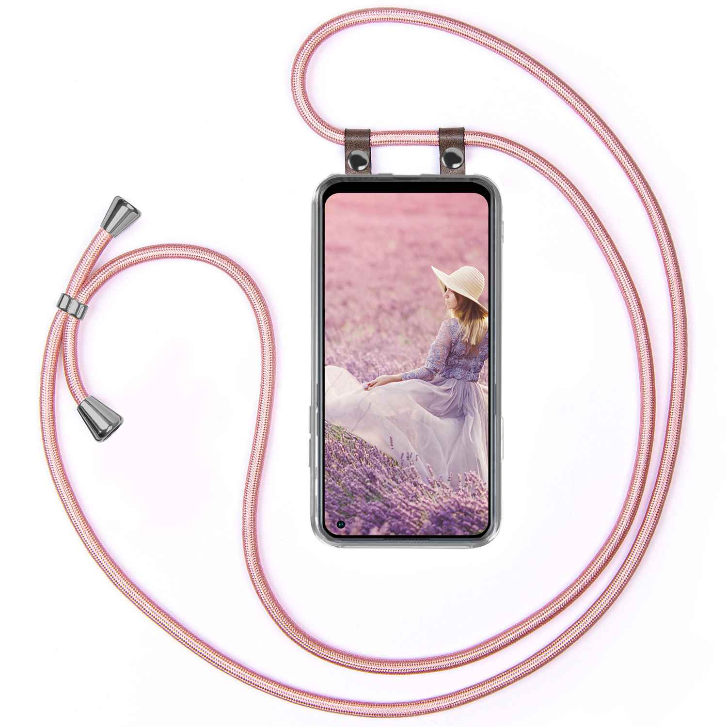Telefon mit Frau im Feld, an rosa Kabel mit silbernen Spitzen befestigt.