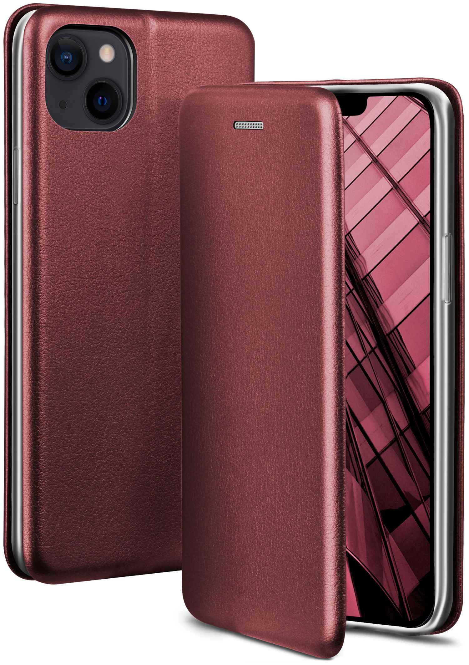 Burgunderfarbene Handyhülle mit zwei Teilen. Das Telefon befindet sich in der Hülle.
