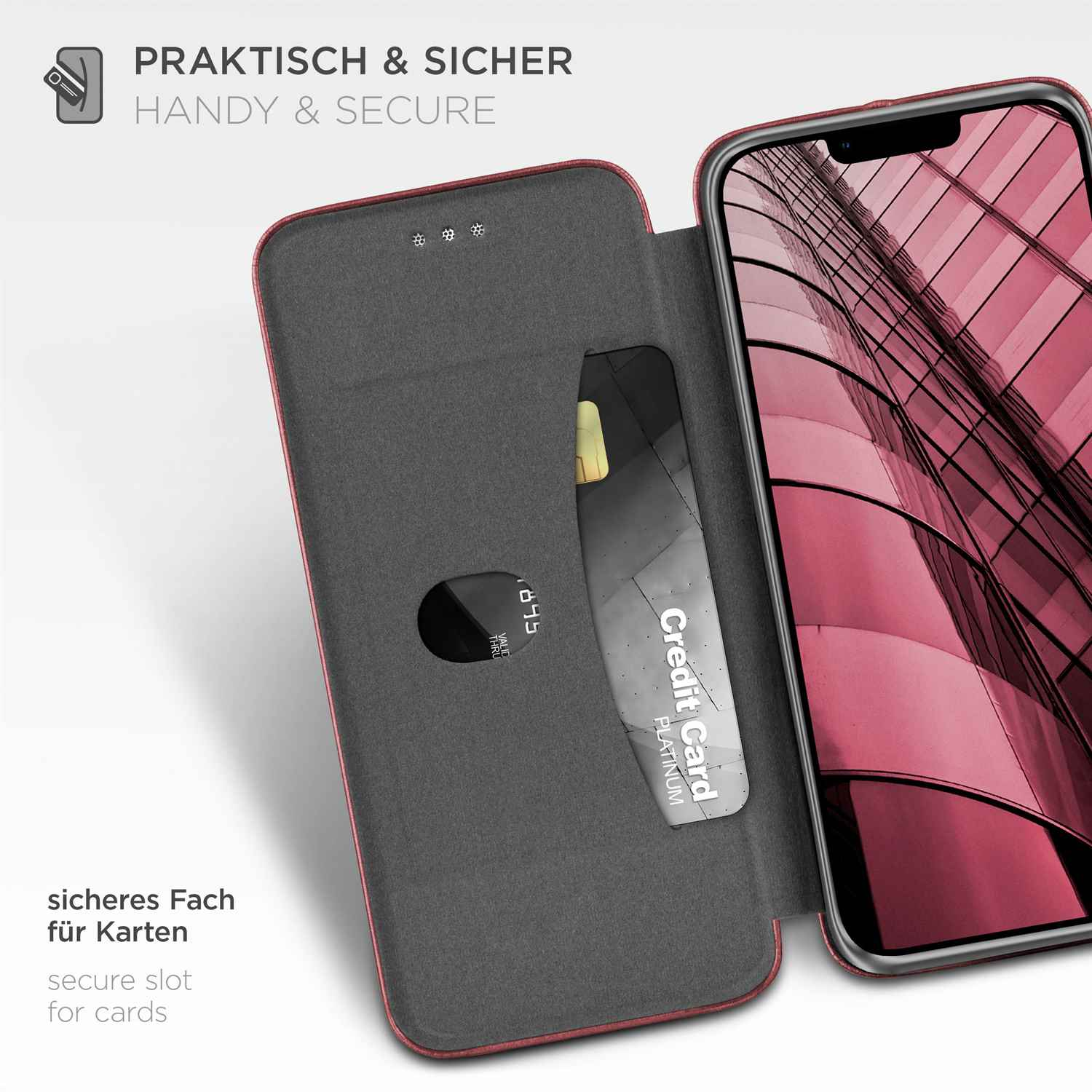Nahaufnahme einer Handyhülle mit Kreditkartenfach. Geöffnete Hülle, rotes Innenfutter. Grauer Hintergrund.
