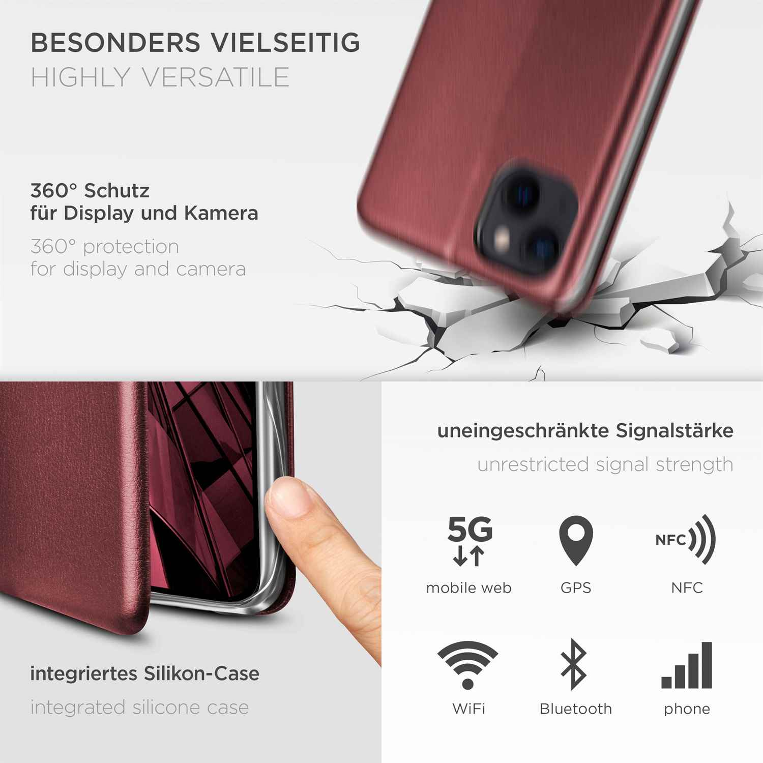 Handyhülle mit 360° Schutz für Display und Kamera. Zeigt 5G, GPS, NFC, WiFi, Bluetooth, Telefon.