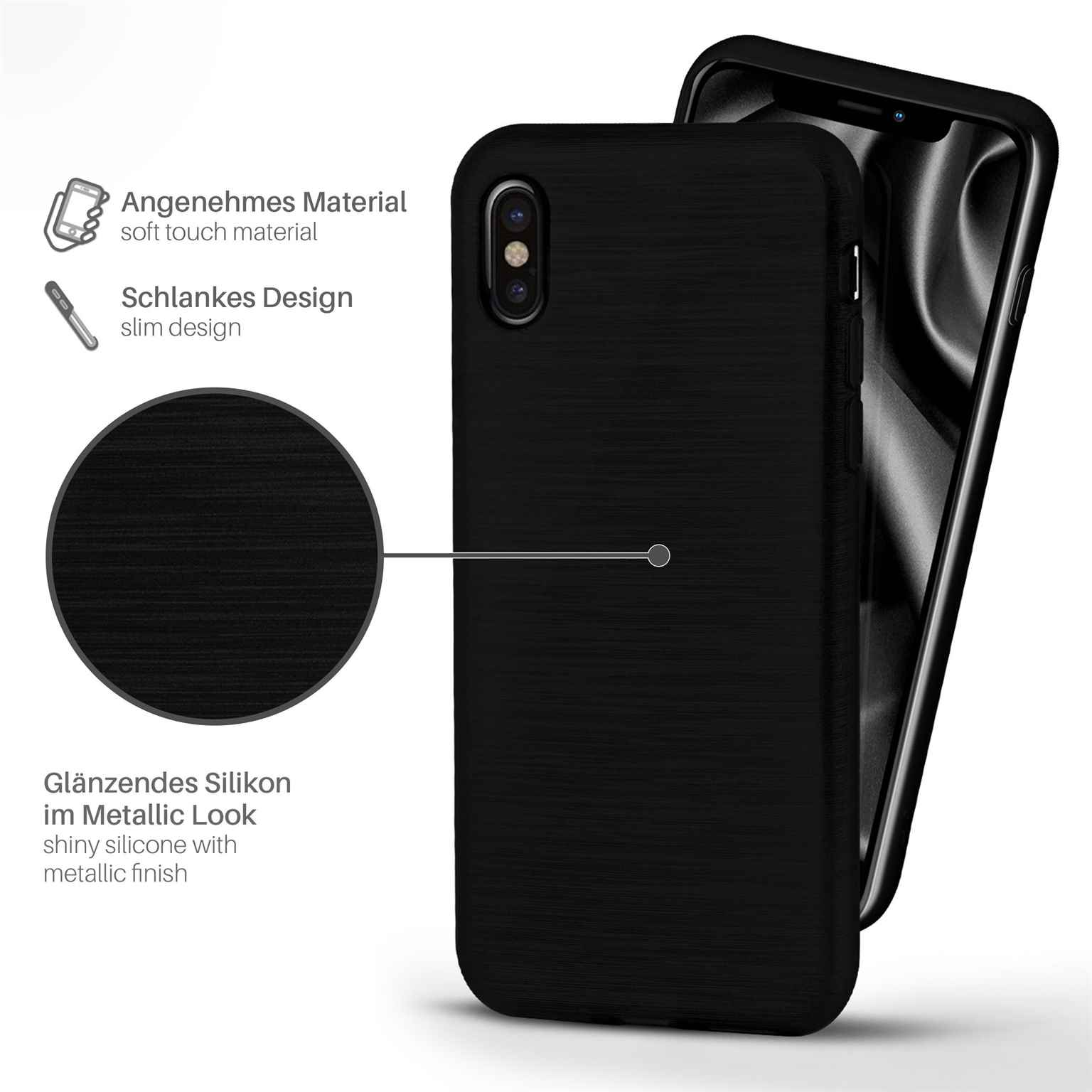Schwarze Handyhülle mit strukturierter Oberfläche, mit Telefon darin und Textetiketten.