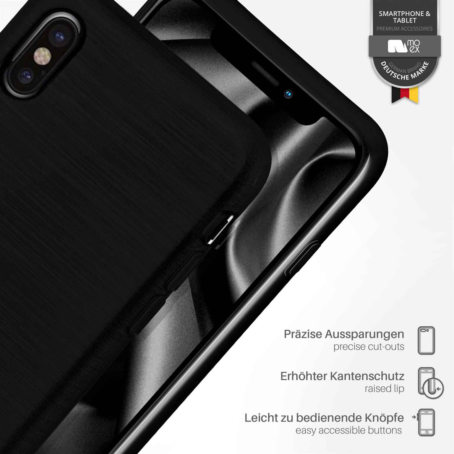 Schwarze Handyhülle mit gebürsteter Textur, Aussparungen und erhabener Lippe. Schwarzer Hintergrund.