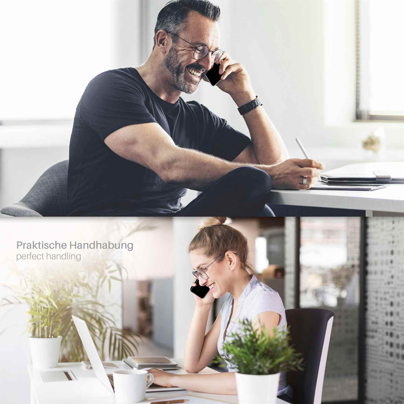 Ein Mann und eine Frau telefonieren. Mann lächelt, Frau am Laptop, lächelt.