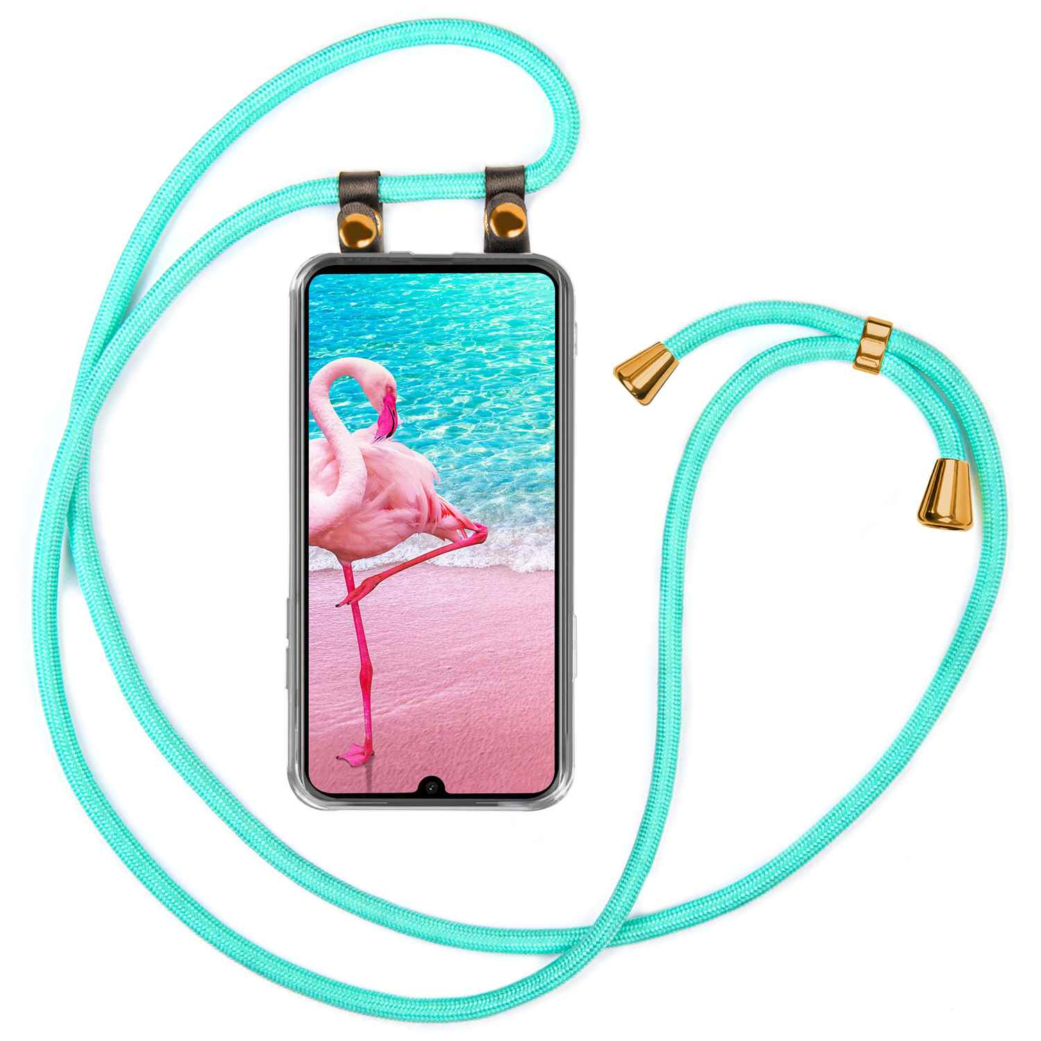 Telefon mit Flamingo auf dem Bildschirm, türkisfarbener Riemen. Rosa Flamingo an einem rosafarbenen Strand.