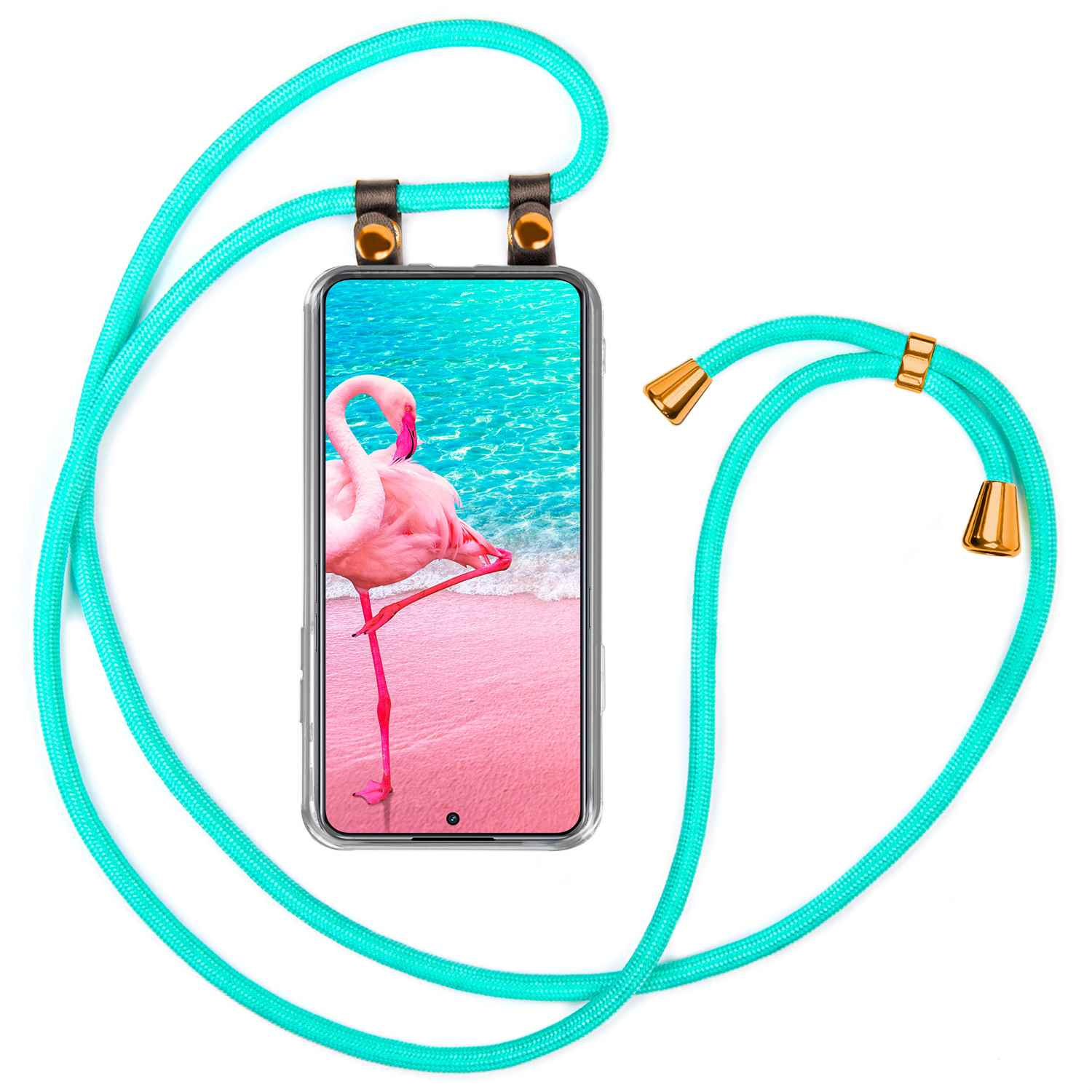 Telefon mit türkisfarbenem Seilriemen, der einen Flamingo zeigt. Der Flamingo ist rosa und steht auf einem Bein.