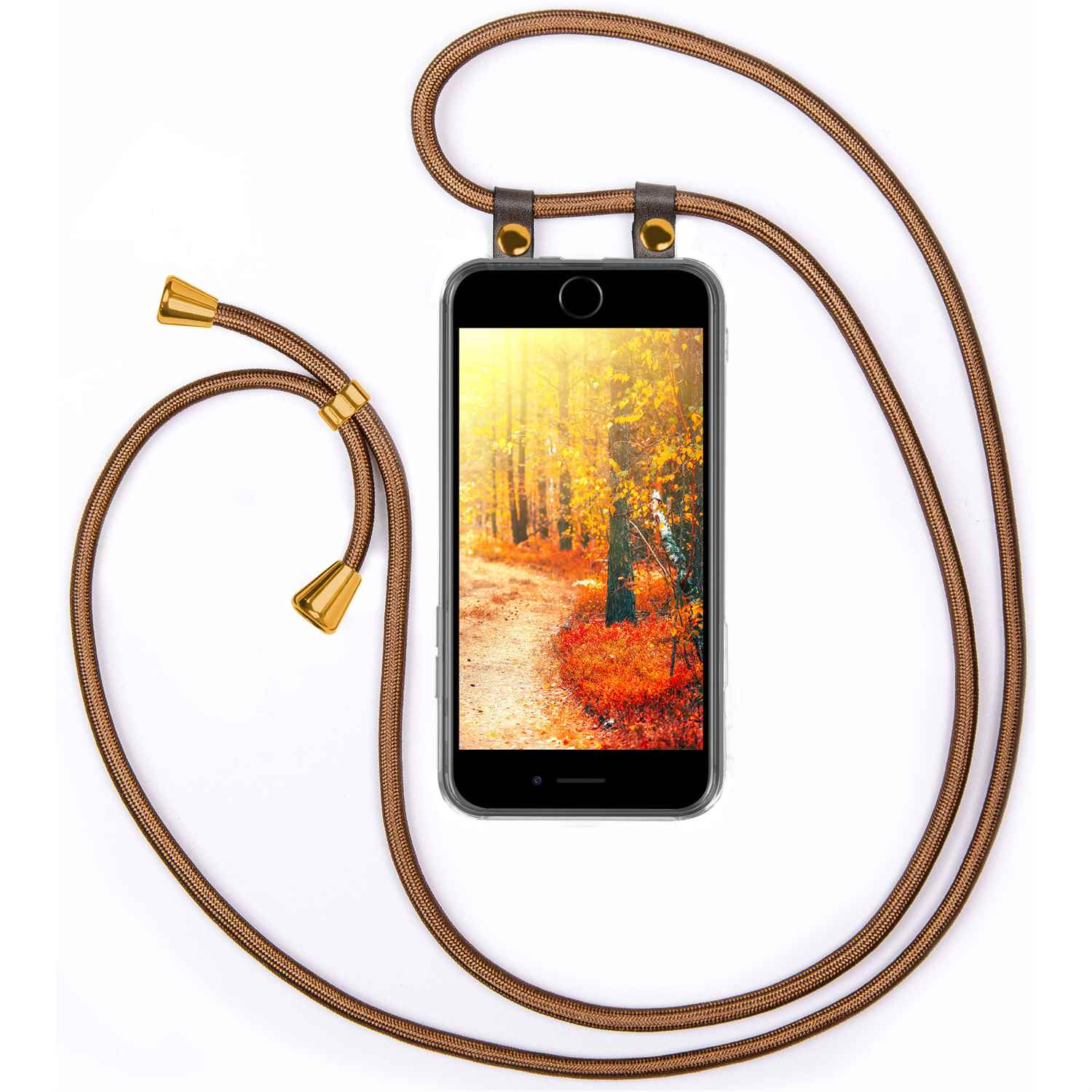 Braunes Telefon-Lanyard mit Waldszene auf dem Bildschirm. Golddetails sichtbar.