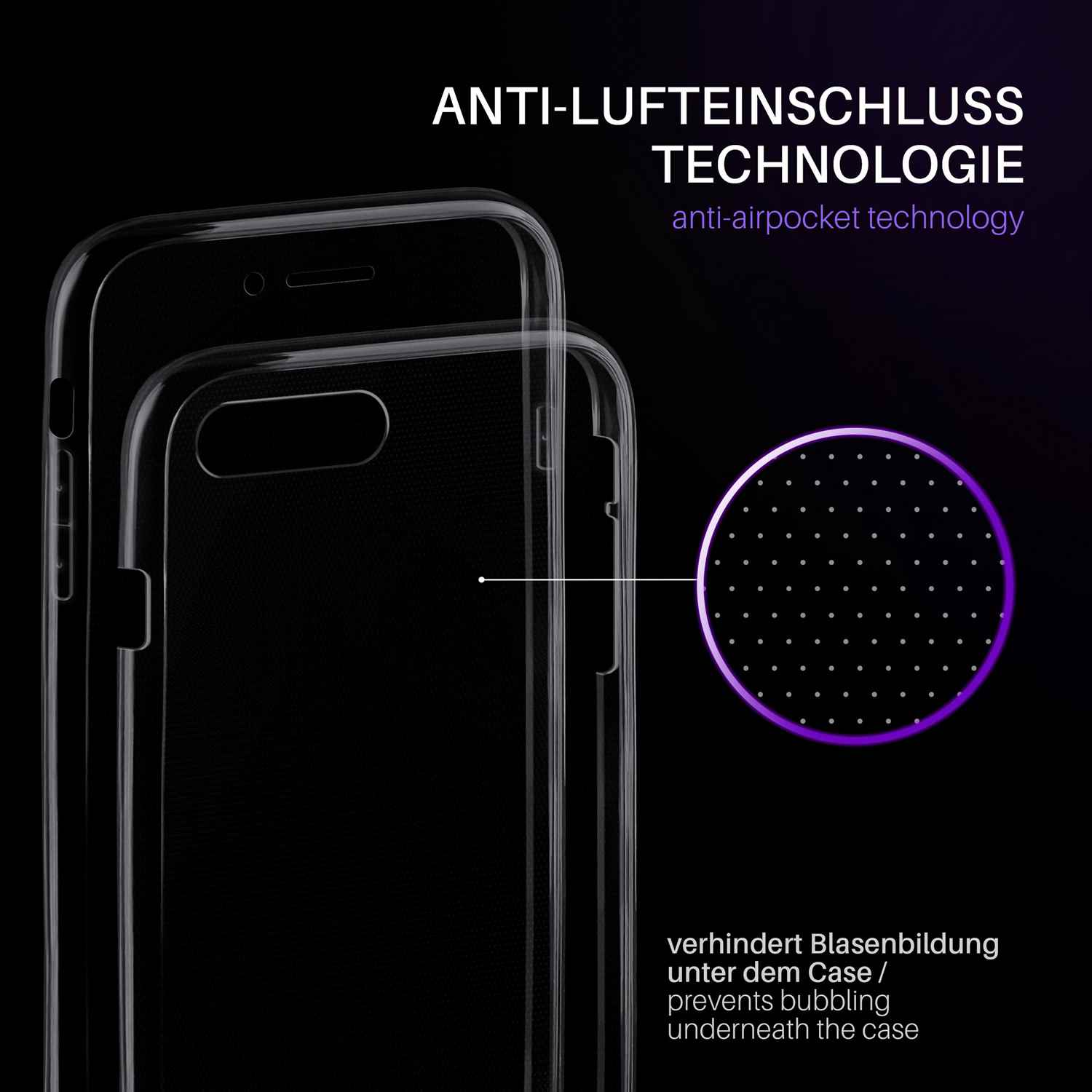 Handyhülle mit Anti-Luftblasen-Technologie. Text: verhindert Blasenbildung unter der Hülle.