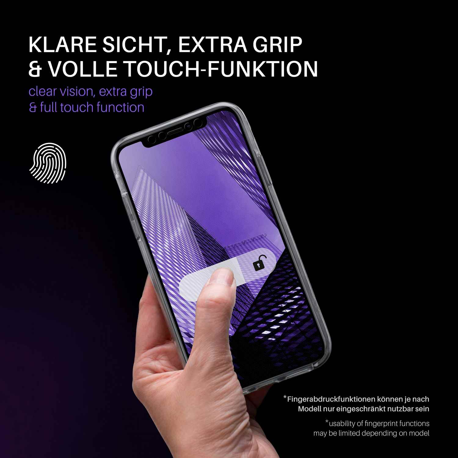 Hand hält ein Telefon mit durchsichtiger Hülle, der Bildschirm zeigt lila Design und ein Schloss-Symbol.