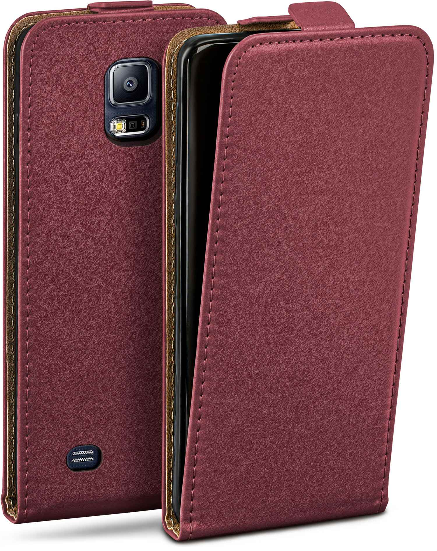 Burgunderfarbene Handyhülle, Telefon mit Kamera.