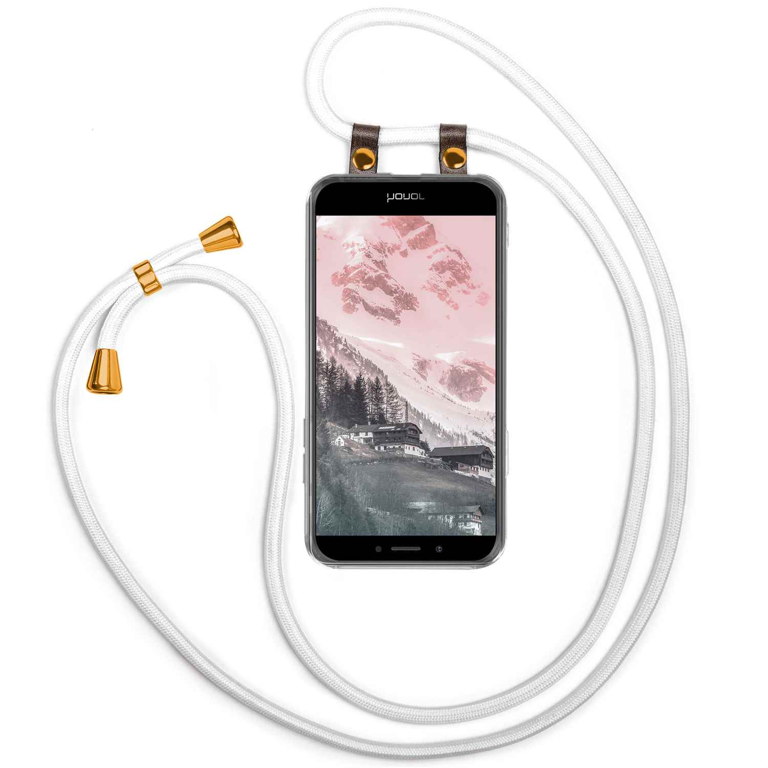 Handyhülle mit weißem Kordel. Telefon zeigt rosa Berglandschaft. Goldene Akzente.